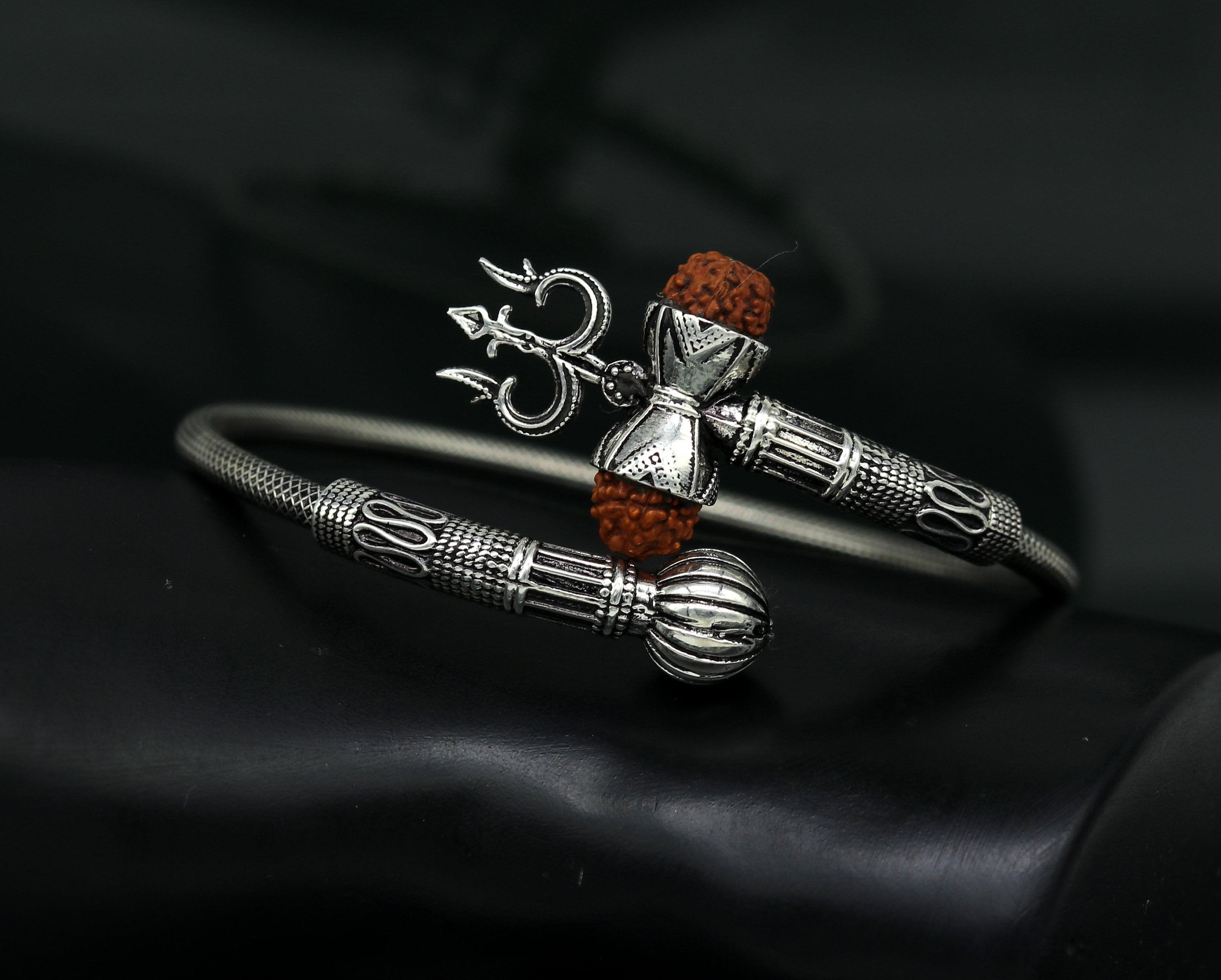 925 Sterling silver handmade chitai work Lord Shiva trident trishul kada bangle  bracelet with natural Rudraksha customized kada nsk419 | TRIBAL ORNAMENTS