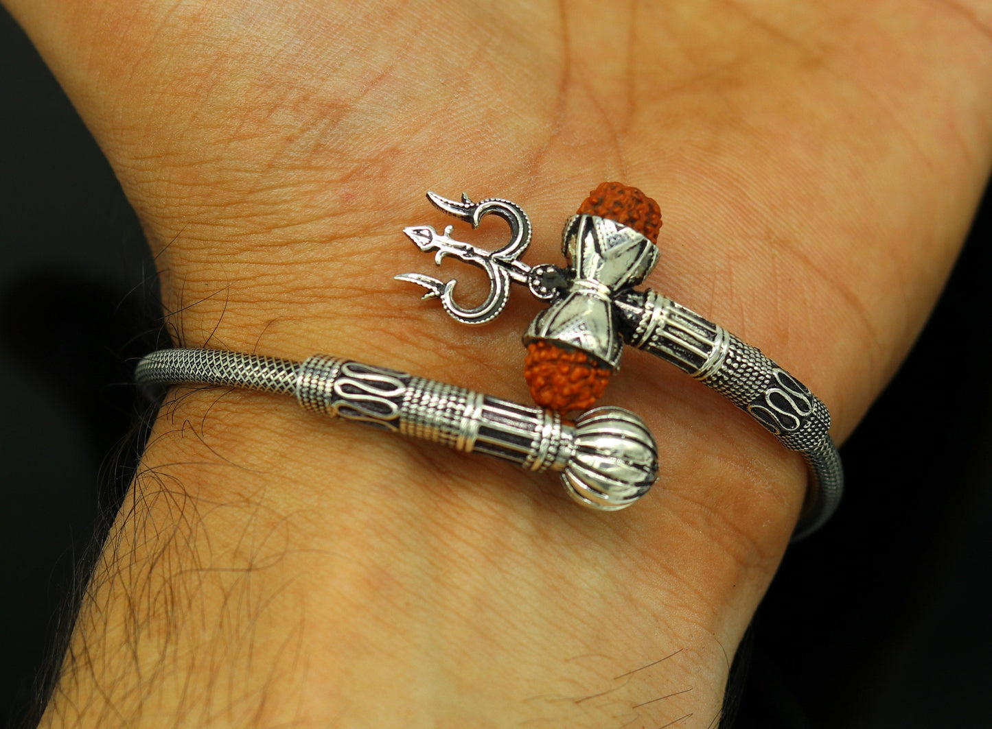 925 sterling silver handmade amazing customized lord shiva bangle bracelet, excellent trident trishul with rudraksha unisex jewelry nssk15 - TRIBAL ORNAMENTS