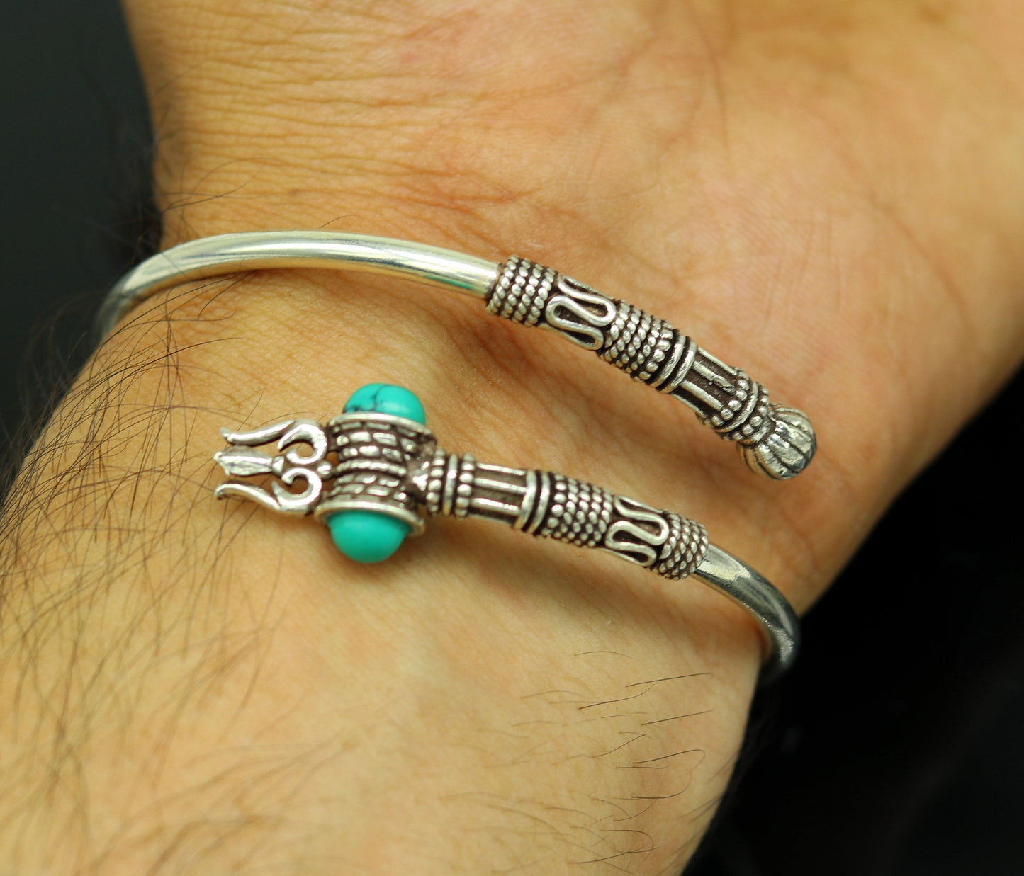 Handmade vintage antique design 925 sterling silver gorgeous turquoise stone bahubali shiva kada trishul kada bangle bracelet unisex nssk22 - TRIBAL ORNAMENTS