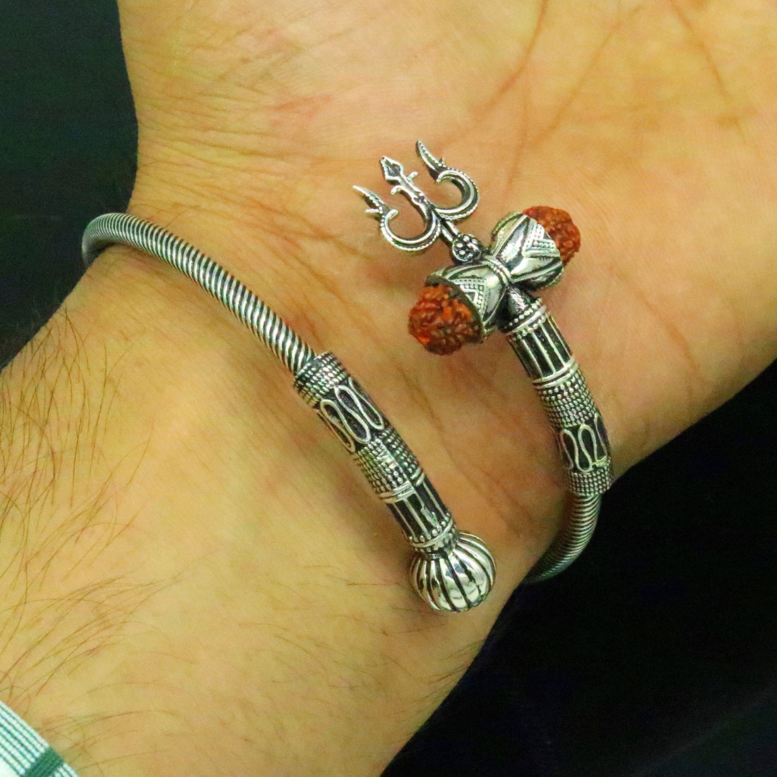 925 sterling silver handmade gorgeous customized lord shiva bangle bracelet, excellent trident trishul with rudraksha unisex jewelry nssk17 - TRIBAL ORNAMENTS