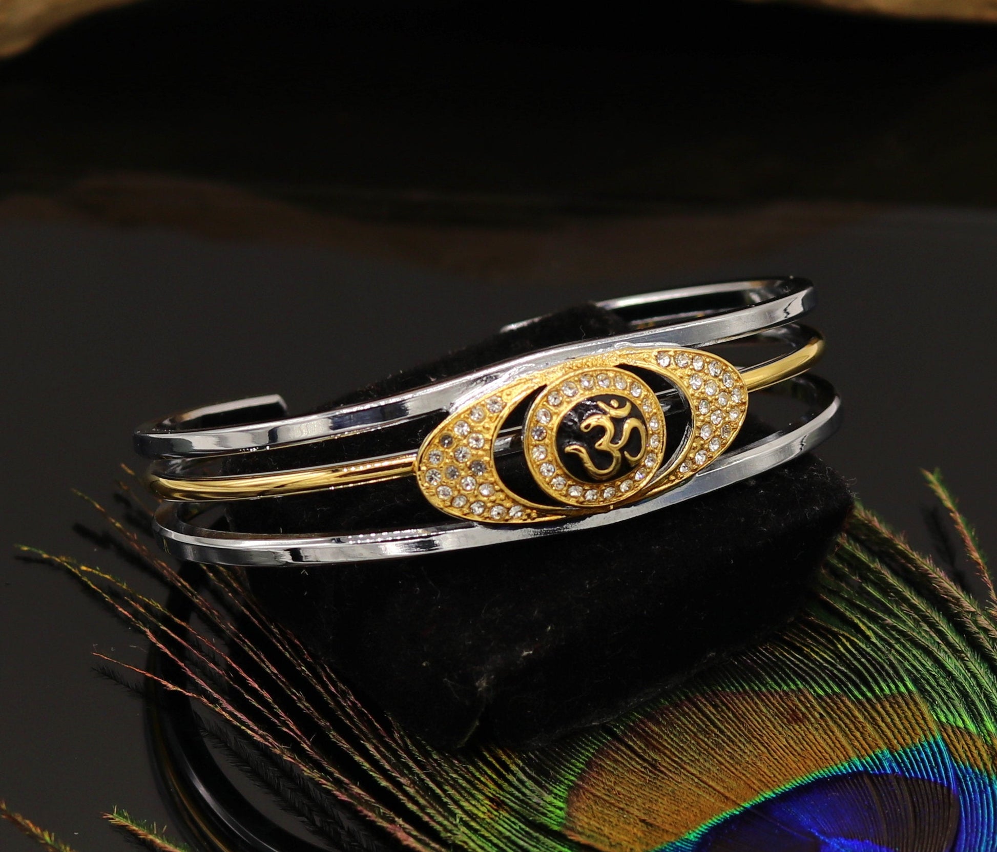 Sterling silver handmade 'Aum' design gold plated design unisex bangle bracelet kada, awesome adjustable customized gifting jewelry nsk304 - TRIBAL ORNAMENTS