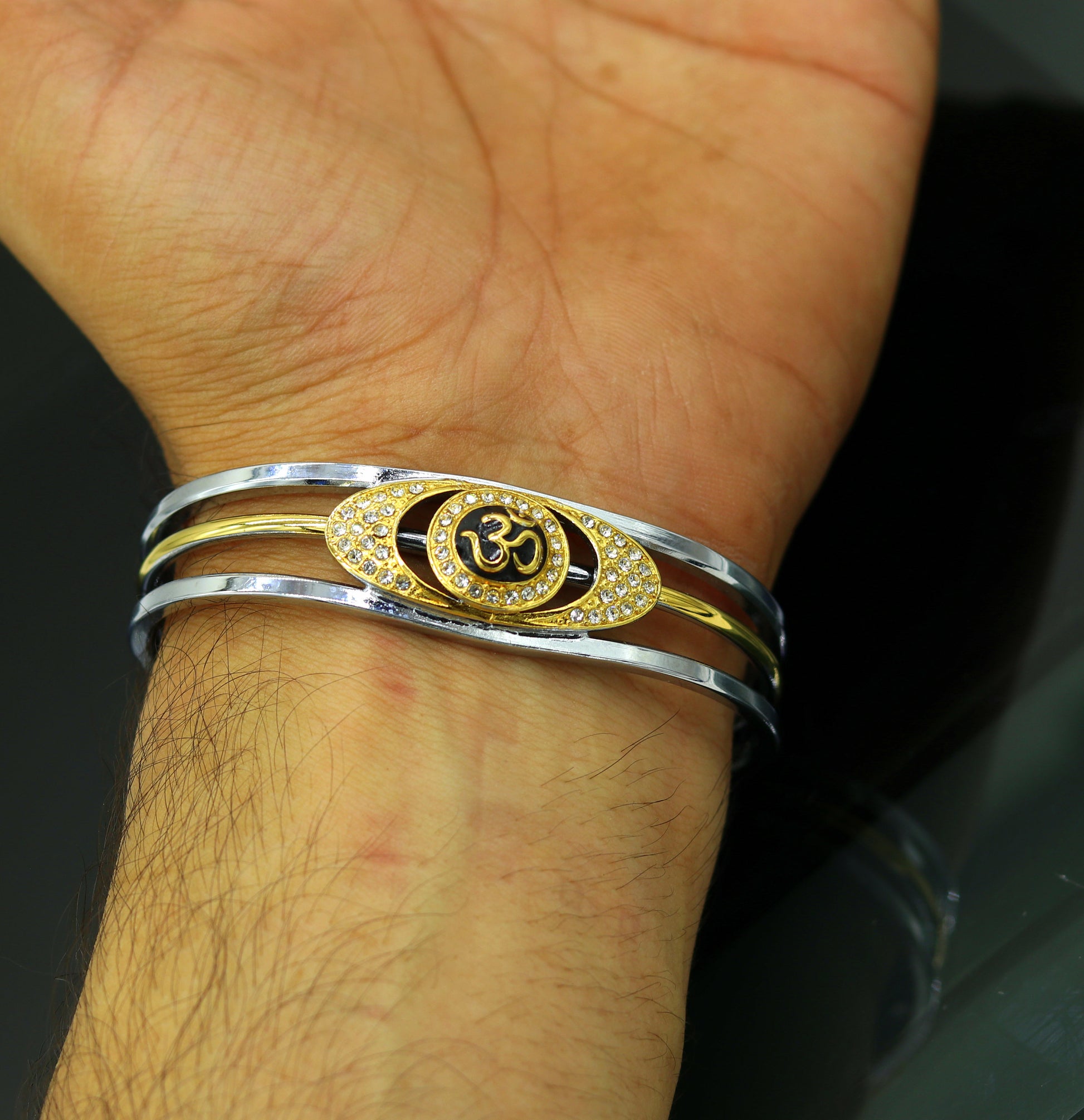 Sterling silver handmade 'Aum' design gold plated design unisex bangle bracelet kada, awesome adjustable customized gifting jewelry nsk304 - TRIBAL ORNAMENTS