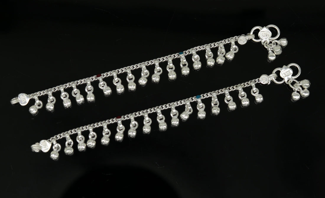 5.2" Inches long sterling silver handmade gorgeous charm baby anklets, excellent hanging noisy bells kids customized kids jewelry ank240 - TRIBAL ORNAMENTS