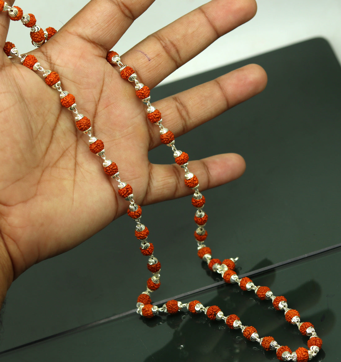 Handmade Sterling silver gorgeous natural Rudraksh beads 26" long 54 beads japp mala necklace chanting necklace praying mantra ch83 - TRIBAL ORNAMENTS