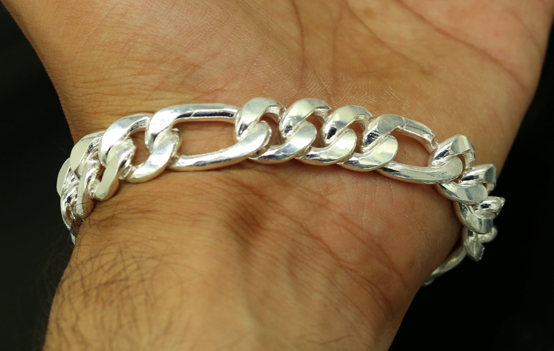 9" inches long Handmade solid silver customized Figaro chain heavy vintage design unisex bracelet, personalized gifting bracelet nsbr154 - TRIBAL ORNAMENTS