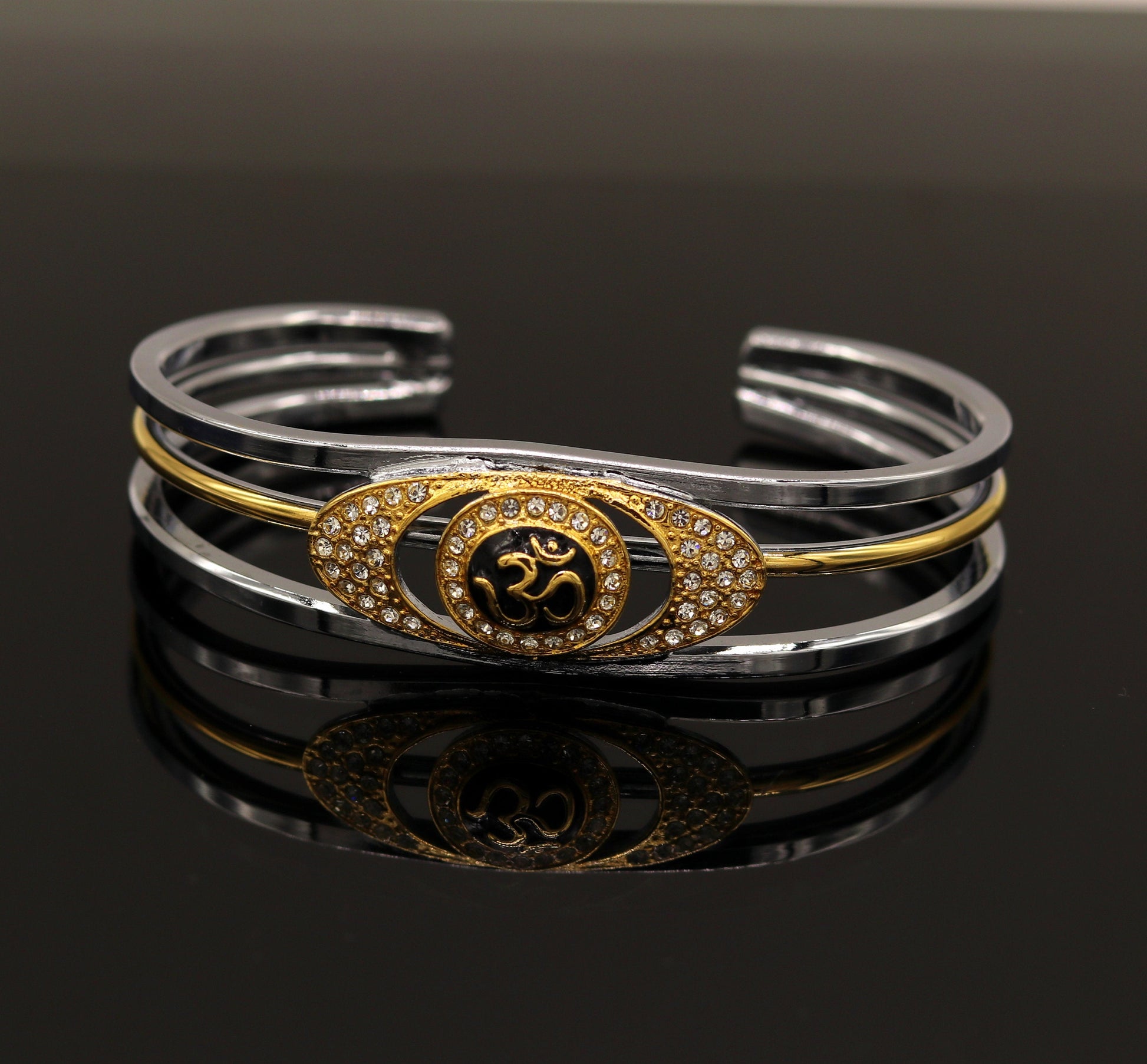 Sterling silver handmade 'Aum' design gold plated design unisex bangle bracelet kada, awesome adjustable customized gifting jewelry nsk304 - TRIBAL ORNAMENTS