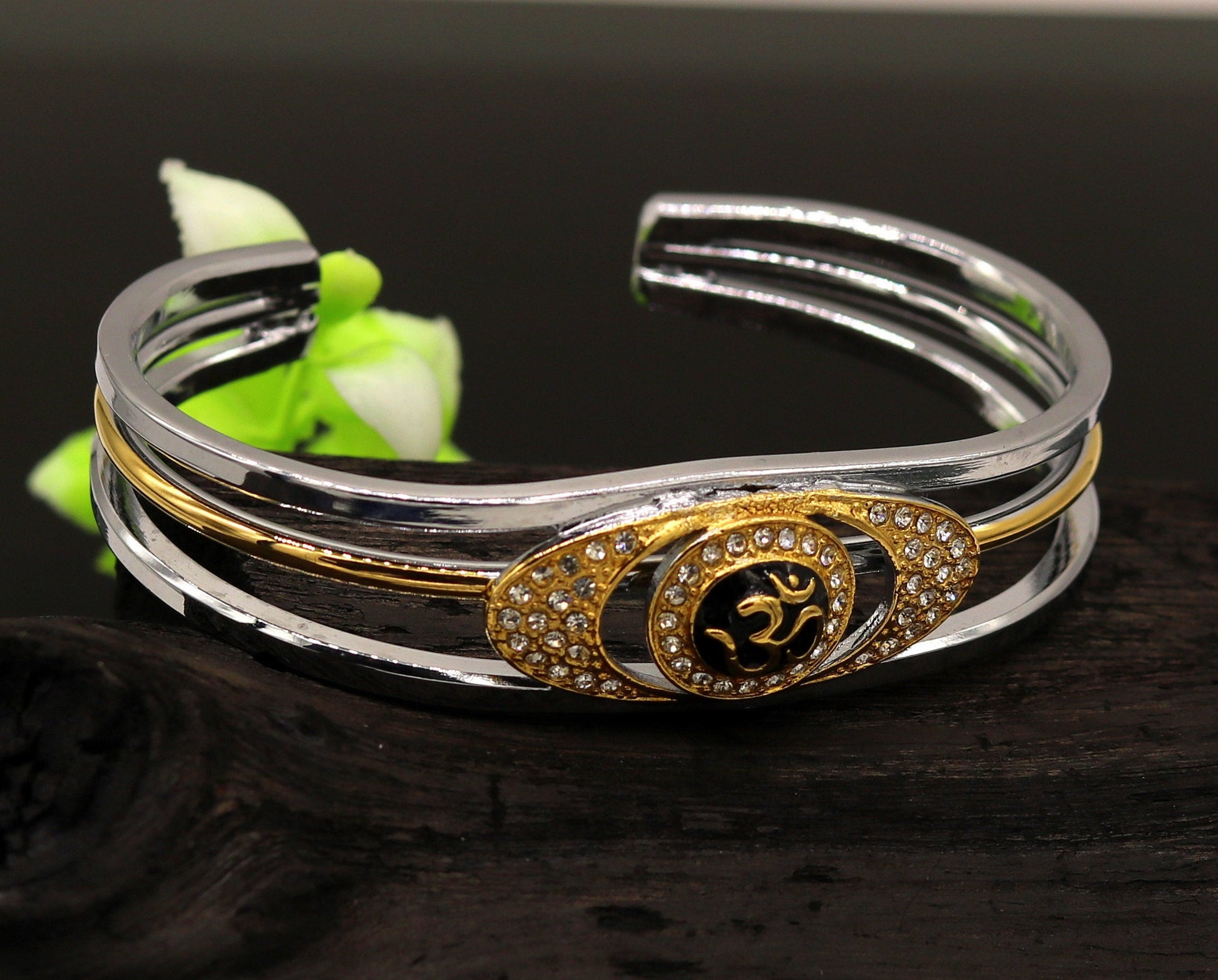 Sterling silver handmade 'Aum' design gold plated design unisex bangle bracelet kada, awesome adjustable customized gifting jewelry nsk304 - TRIBAL ORNAMENTS