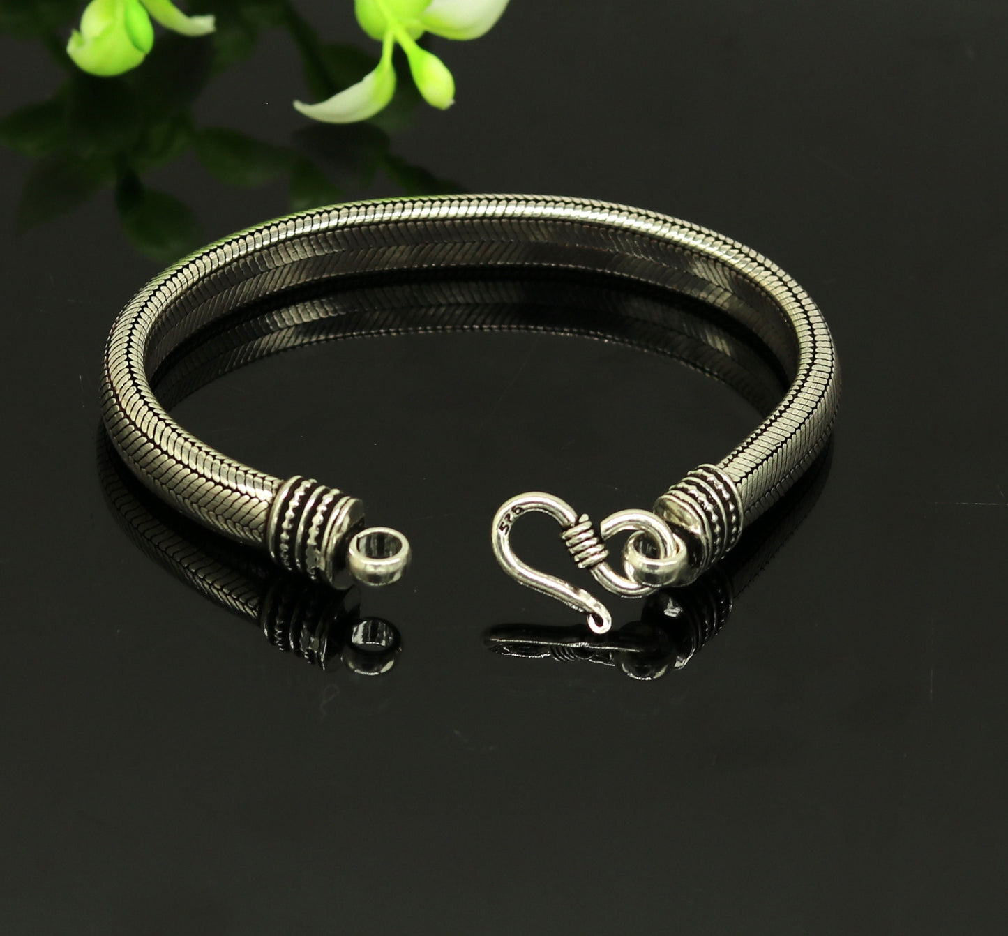 8" solid 925 sterling silver handmade snake chain heavy customized D shape half round design bracelet, personalized gifting jewelry sbr203 - TRIBAL ORNAMENTS