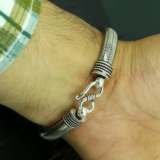 7.5" solid 925 sterling silver handmade snake chain heavy customized D shape half round design bracelet, personalized gifting jewelry sbr204 - TRIBAL ORNAMENTS