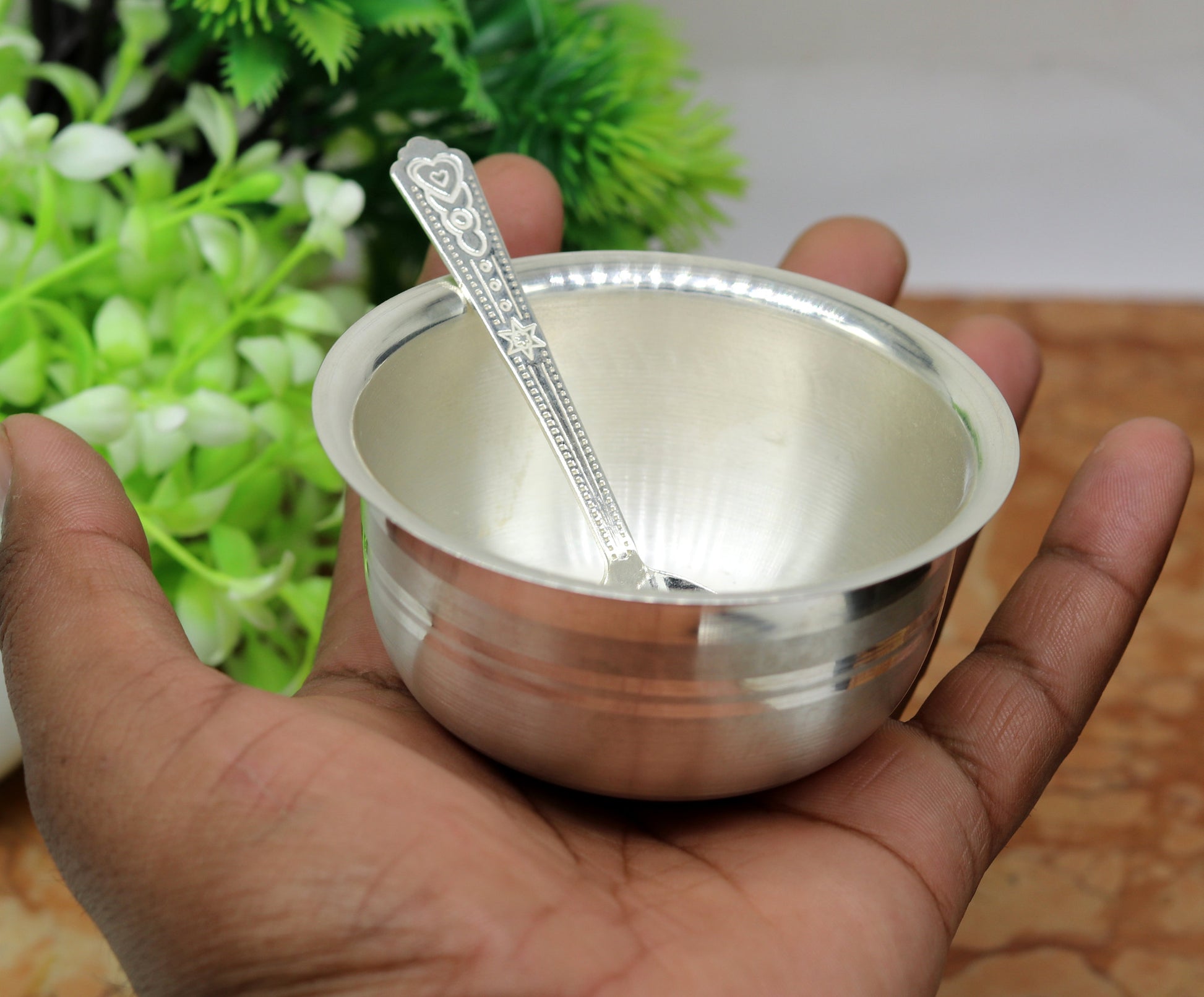 999 pure sterling silver handmade solid silver bowl and spoon, silver has antibacterial properties, keep stay healthy, silver vessels sv63 - TRIBAL ORNAMENTS