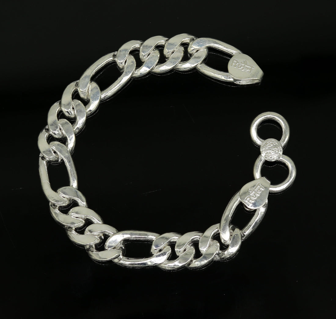 9" inches long Handmade solid silver customized Figaro chain heavy vintage design unisex bracelet, personalized gifting bracelet nsbr154 - TRIBAL ORNAMENTS