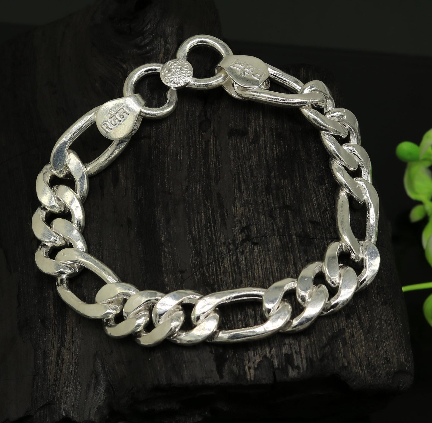 9" inches long Handmade solid silver customized Figaro chain heavy vintage design unisex bracelet, personalized gifting bracelet nsbr154 - TRIBAL ORNAMENTS