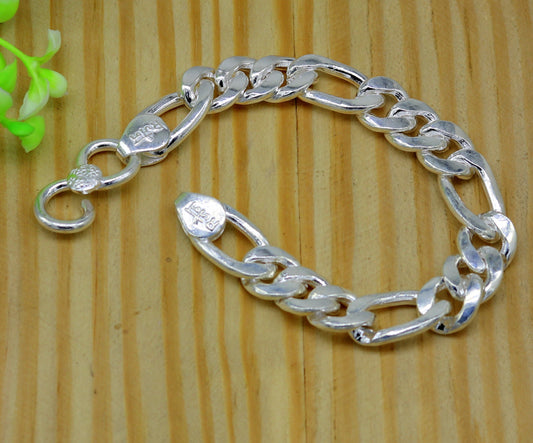 9" inches long Handmade solid silver customized Figaro chain heavy vintage design unisex bracelet, personalized gifting bracelet nsbr154 - TRIBAL ORNAMENTS