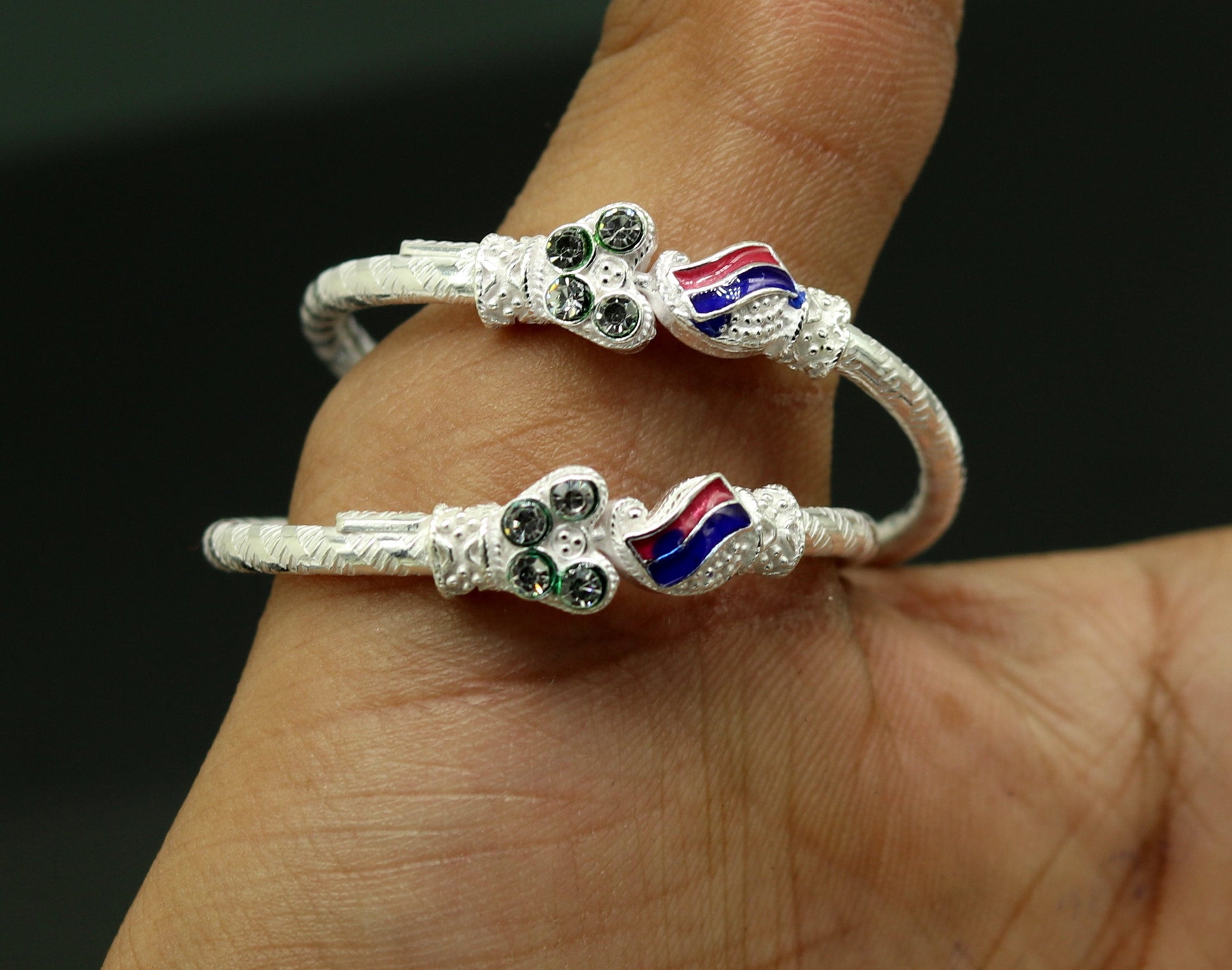 Handmade vintage customized design gorgeous silver baby bangle kada, excellent enamel design bangle bracelet unisex kids jewelry nbbk91 - TRIBAL ORNAMENTS