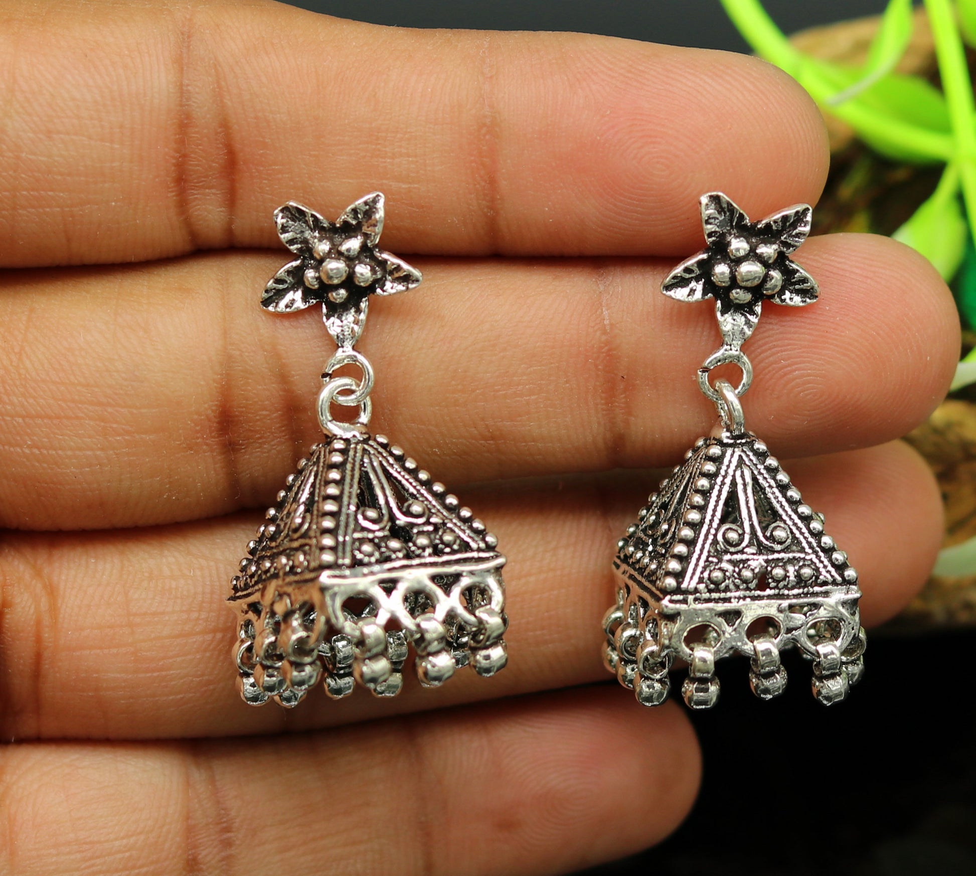 Vintage pyramid shape design handmade customized 925 sterling silver tribal belly dance  stud earring jhumki chandelier earring ear460 - TRIBAL ORNAMENTS