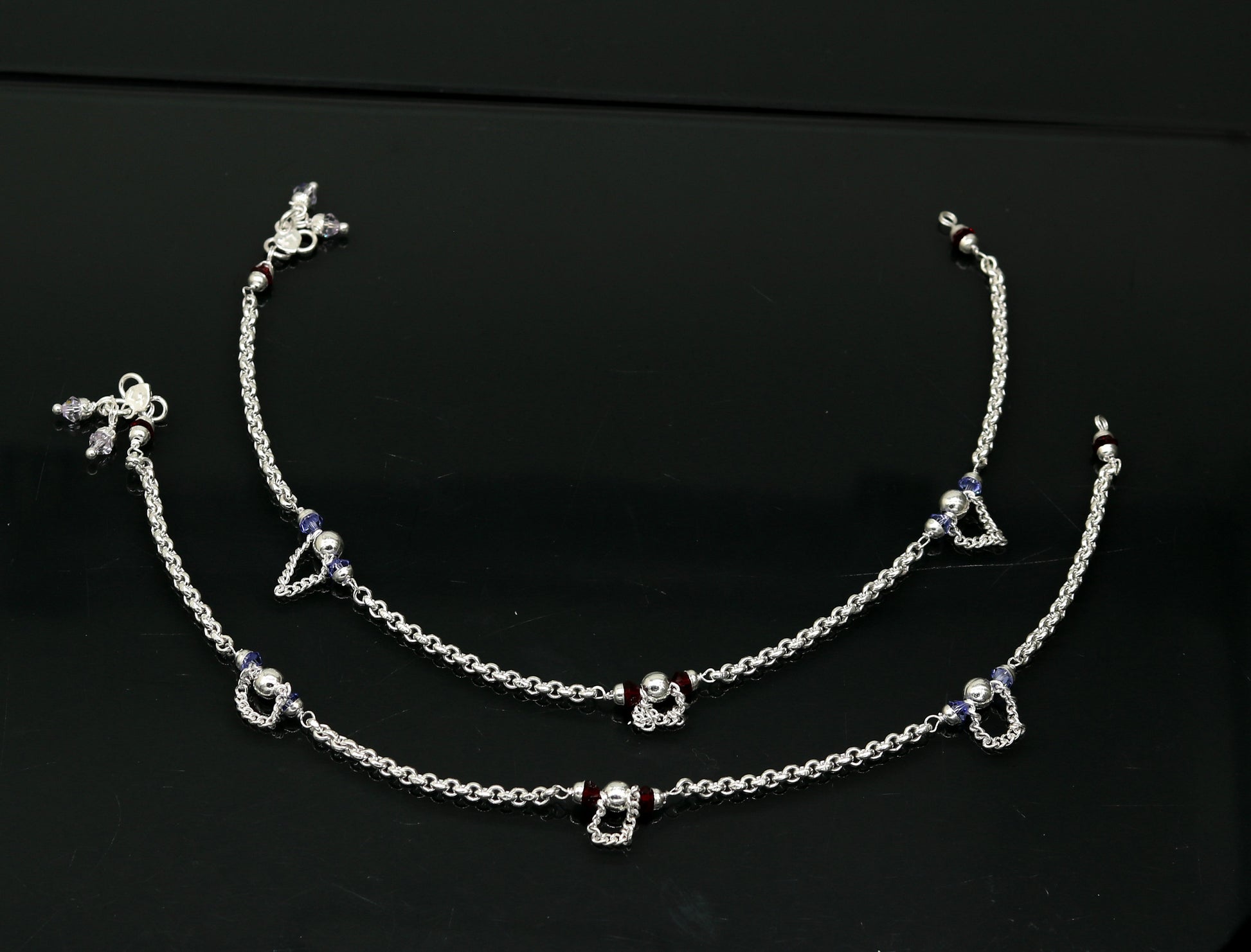 10.0" 925 sterling silver handmade rolo chain beaded anklet bracelet, foot bracelet, fabulous ankle chain bracelet belly dance nank218 - TRIBAL ORNAMENTS