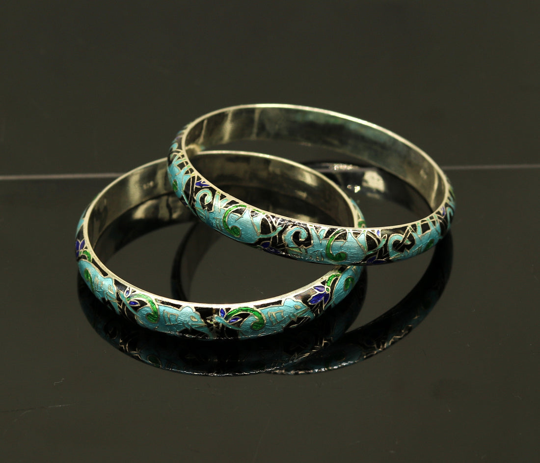 925 sterling silver handmade enamel elephant work bridesmaid bangle bracelet for girl's women's personalized gifting tribal jewelry nba84 - TRIBAL ORNAMENTS