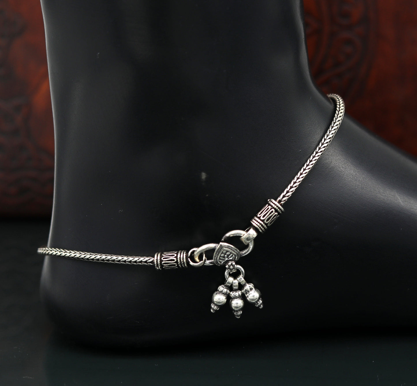 925 Sterling silver handmade wheat chain ankle bracelet, vintage oxidized charm anklets, tribal belly dance customized jewelry nank456 - TRIBAL ORNAMENTS