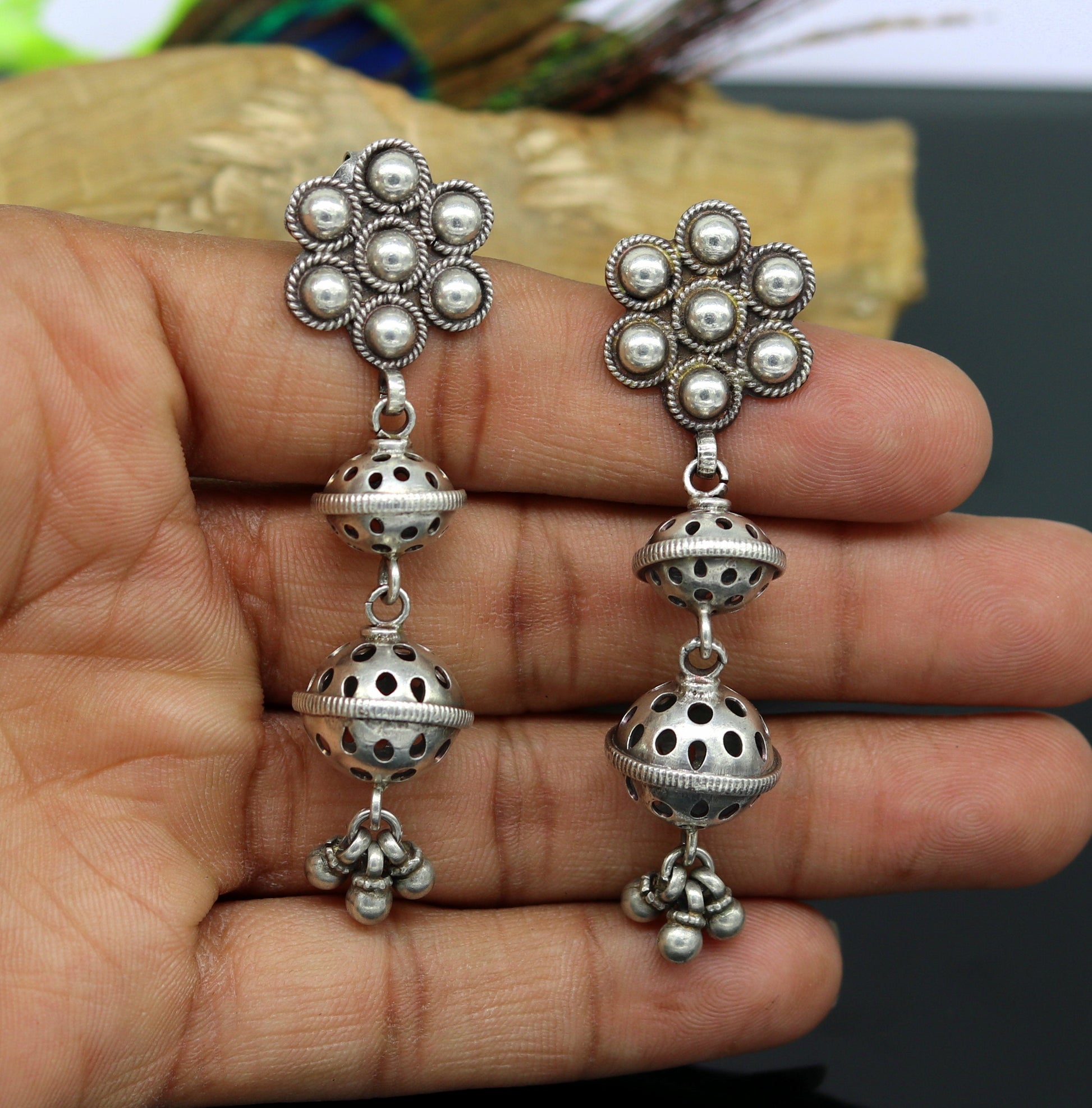 Amazing 925 sterling silver handmade customized vintage antique style drop dangle peacock stud earring tribal belly dance jewelry ear475 - TRIBAL ORNAMENTS