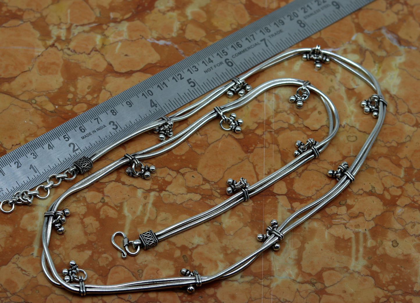 32" to 34" handmade adjustable 925 sterling silver double strands snake chain waist belt, belly chain waist chain with hanging drops nwch20 - TRIBAL ORNAMENTS