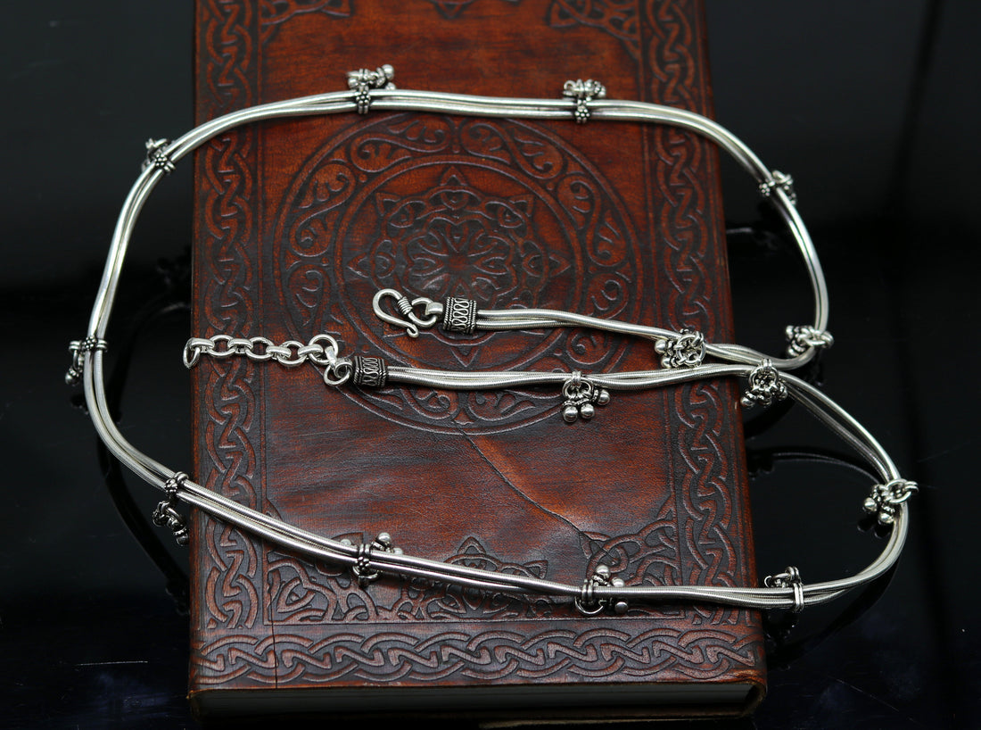32" to 34" handmade adjustable 925 sterling silver double strands snake chain waist belt, belly chain waist chain with hanging drops nwch20 - TRIBAL ORNAMENTS