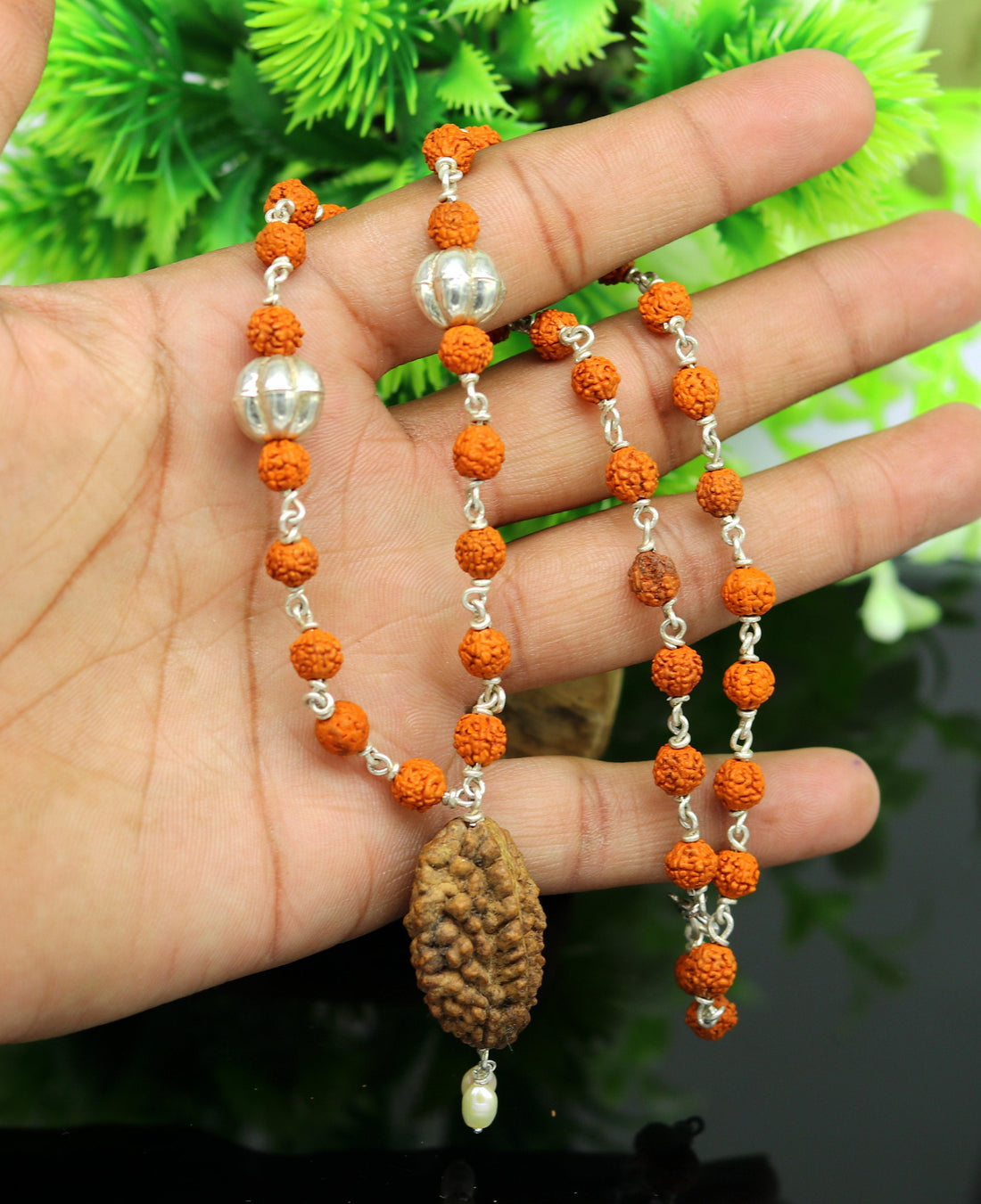 Natural rudraksha beads 20" long necklace, sterling silver chain necklace tribal customized personalized necklace unisex jewelry set127 - TRIBAL ORNAMENTS