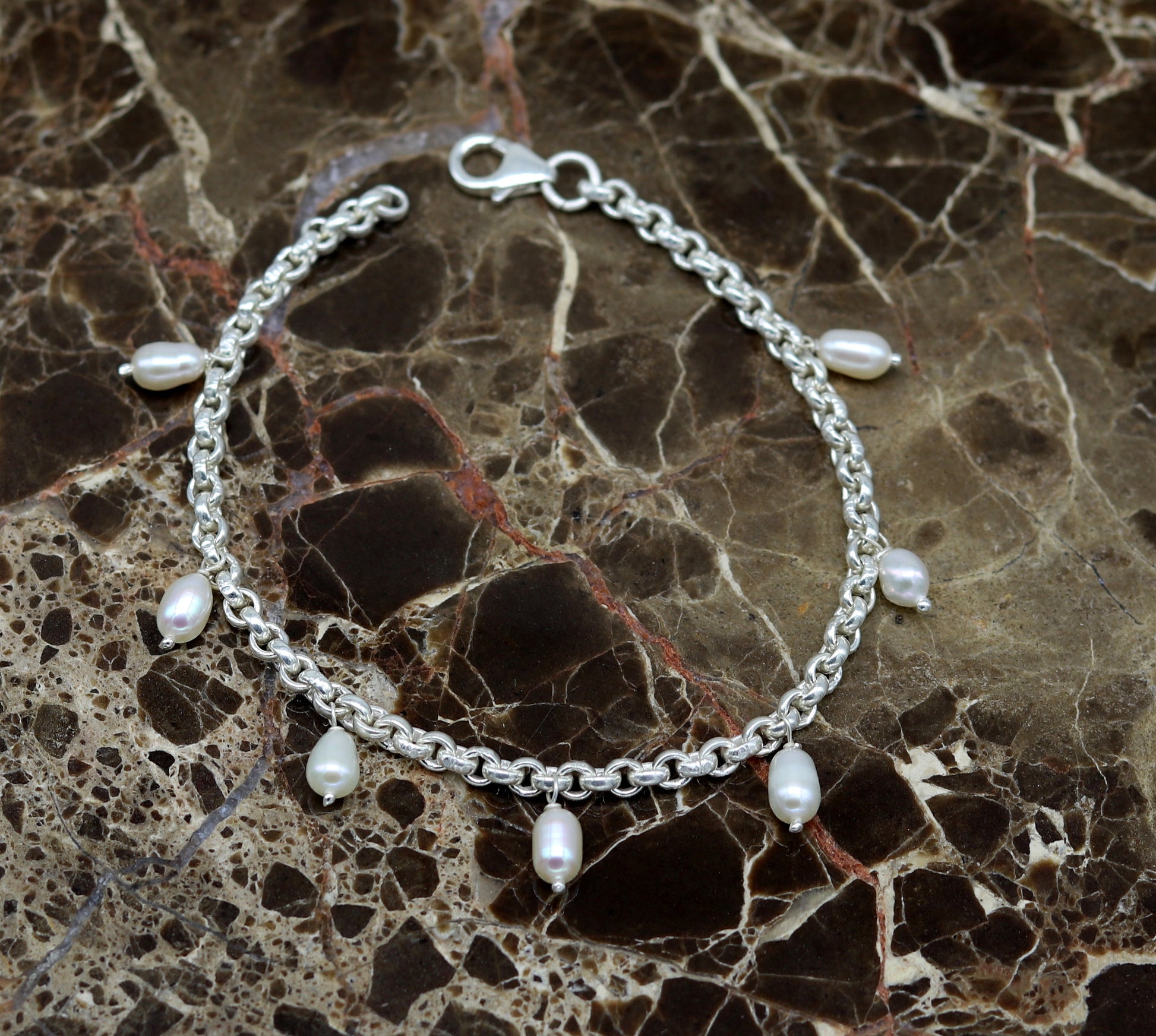 7.5" 925 sterling silver handmade customized charm bracelet, stylish pearl bracelet unisex gifting jewelry belly dance jewelry nsbr191 - TRIBAL ORNAMENTS