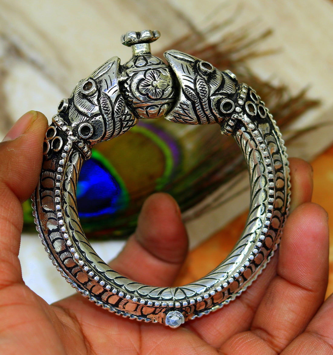 925 sterling silver handmade chitai work crocodile fabulous handcrafted work vintage bangle bracelet kada, bridesmaid gifting nssk260 - TRIBAL ORNAMENTS