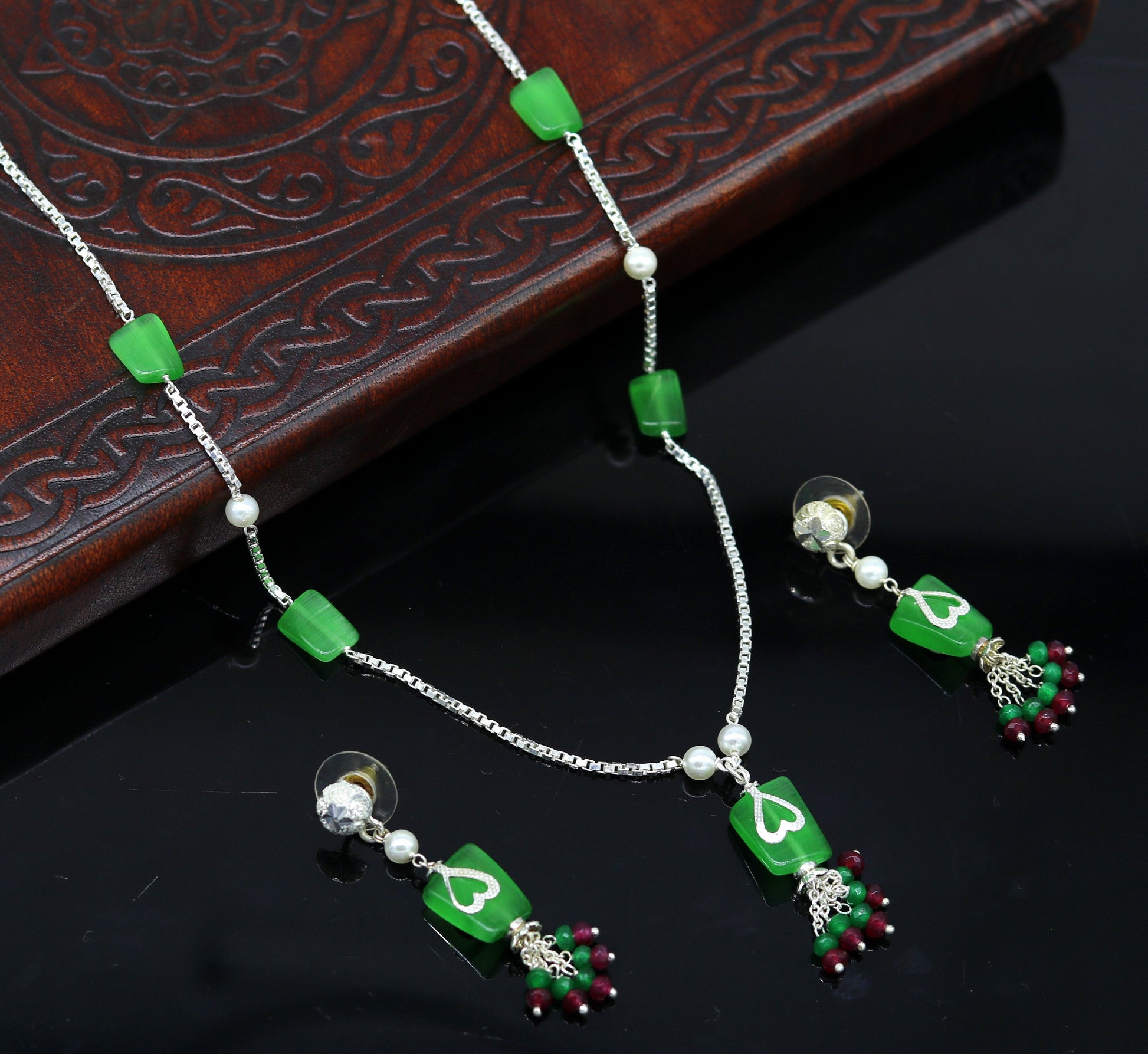 925 Sterling silver rectangular semi precious green stone short charm necklace, best gift for her, bridal set light weight belly dance nec76 - TRIBAL ORNAMENTS