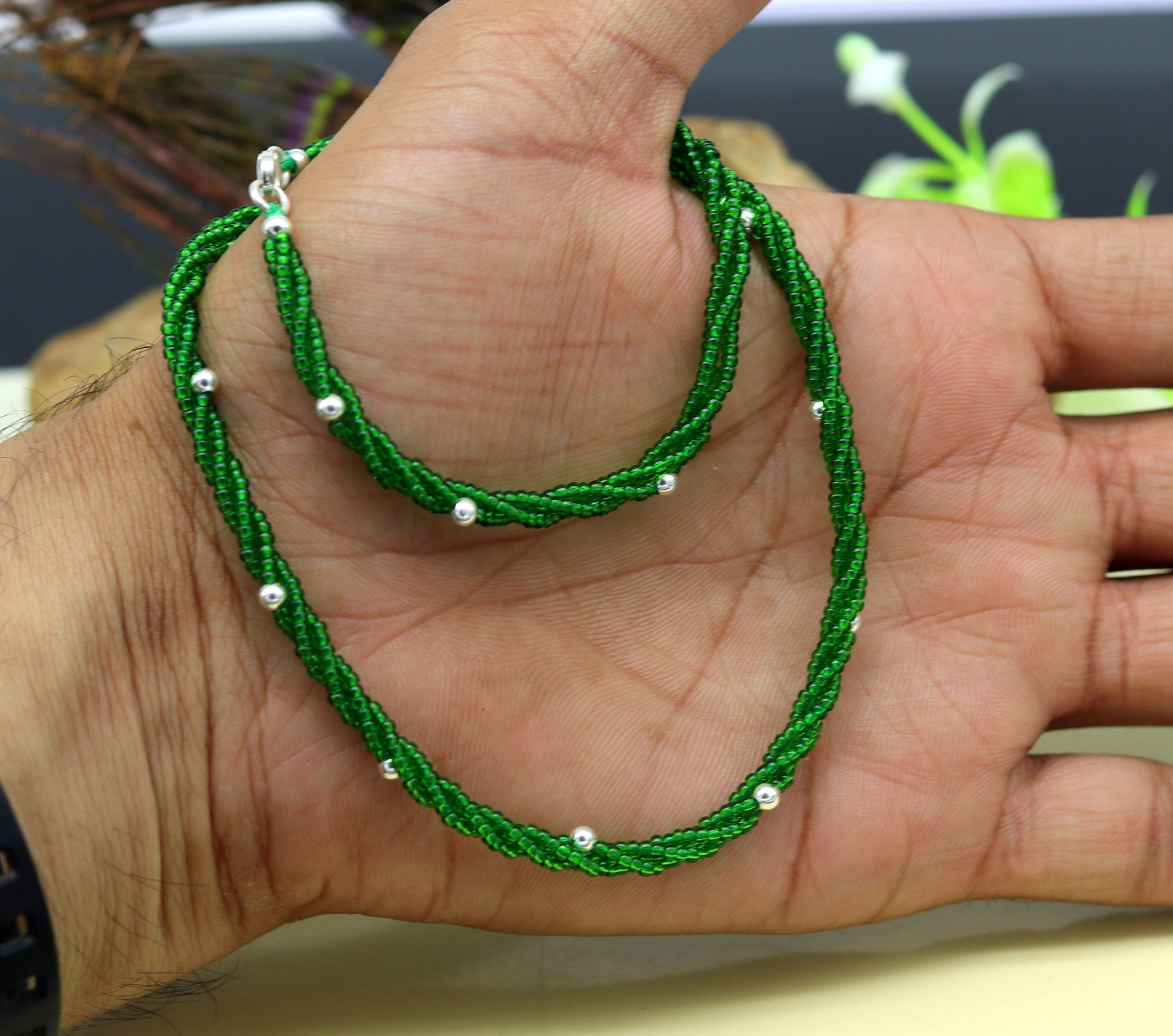 Elegant custom Necklace with randomly placed silver semi-precious green beads 925 pure silver galaxy necklace triple chain necklace set133 - TRIBAL ORNAMENTS