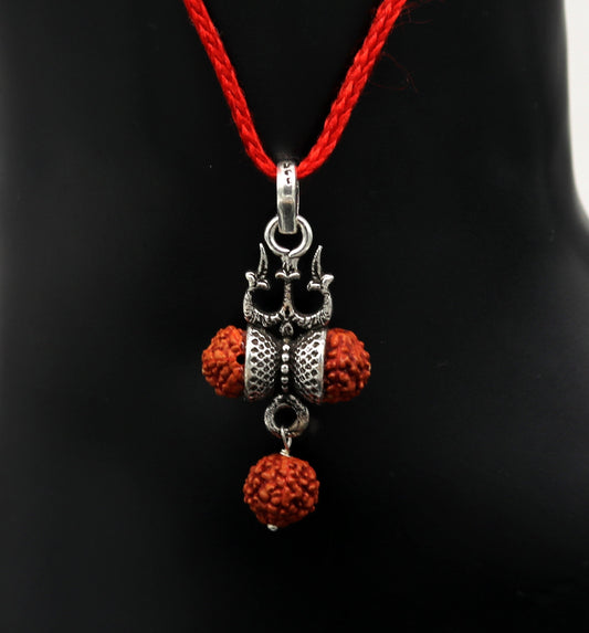 925 sterling silver handmade Lord shiva trident shape rudraksha beads pendant, excellent customized rudraskah pendant for unisex ssp320 - TRIBAL ORNAMENTS