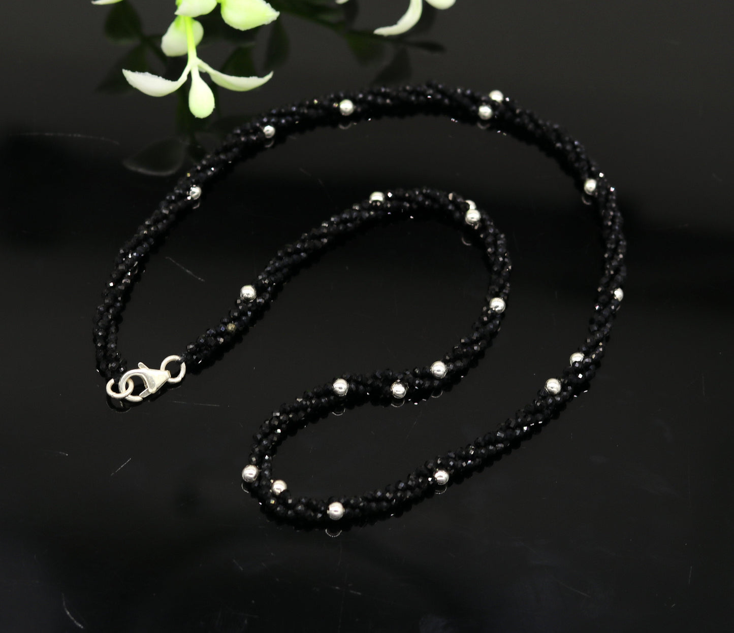 18" 925 pure silver galaxy necklace triple strands semi precious black cut stone beads with randomly placed silver beads necklace set135 - TRIBAL ORNAMENTS