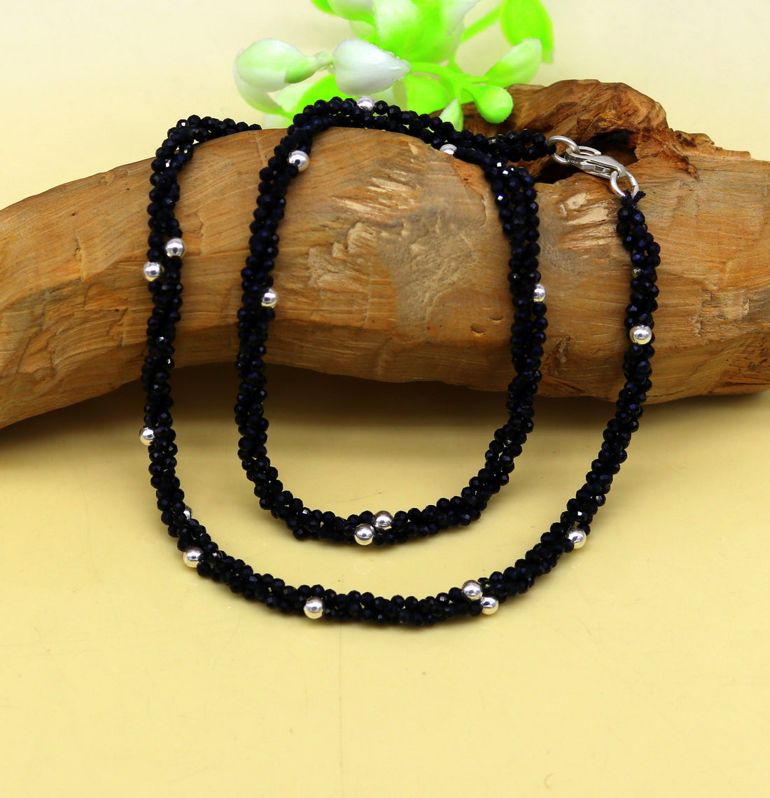18" 925 pure silver galaxy necklace triple strands semi precious black cut stone beads with randomly placed silver beads necklace set135 - TRIBAL ORNAMENTS