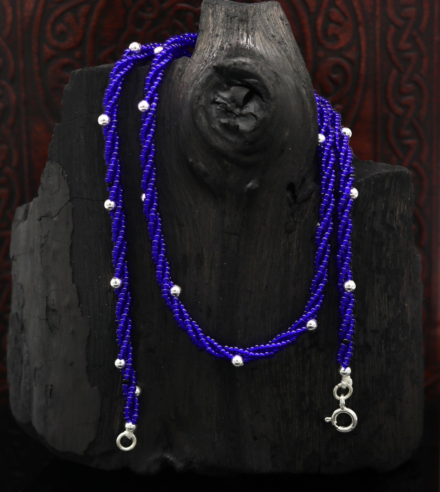 18.5" 925 sterling silver galaxy necklace triple strands blue semi precious stone beads with randomly placed silver beads necklace set137 - TRIBAL ORNAMENTS