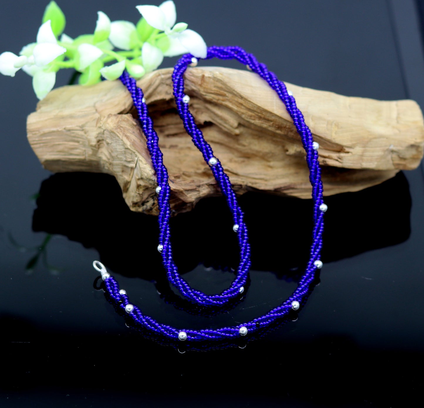 18.5" 925 sterling silver galaxy necklace triple strands blue semi precious stone beads with randomly placed silver beads necklace set137 - TRIBAL ORNAMENTS