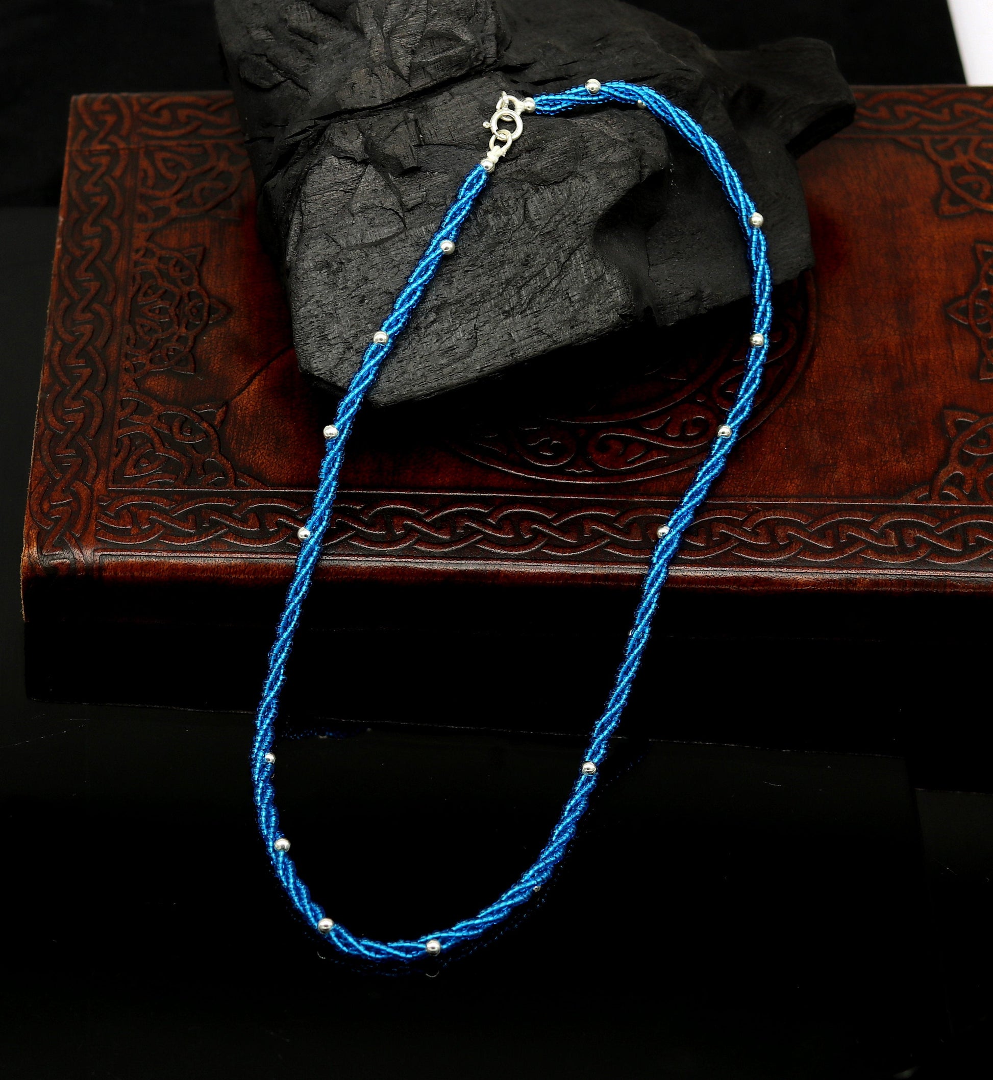 18" 925 sterling silver galaxy necklace triple strands blue semi precious stone beads with randomly placed silver beads necklace set138 - TRIBAL ORNAMENTS