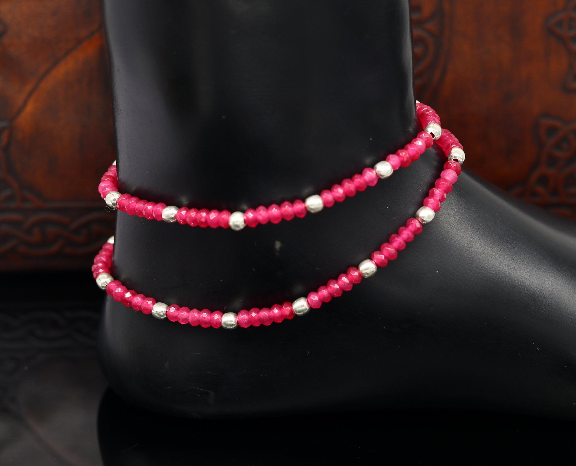 Elegant threads anklets semi precious ruby stone and 925 silver beads, custom made ankle bracelet, pretty gift modern beaded jewelry ank249 - TRIBAL ORNAMENTS