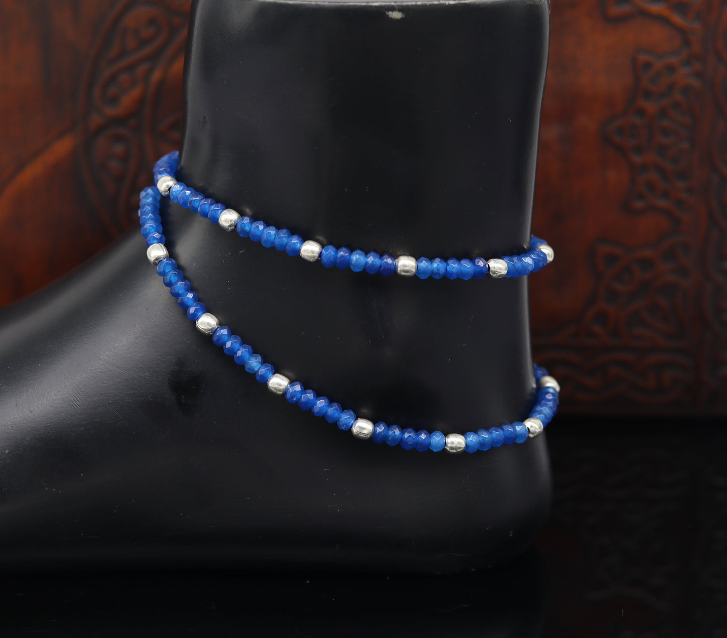 Fabulous threads anklets semi precious blue stone and 925 silver beads, custom made ankle bracelet, pretty gift modern beaded jewelry ank251 - TRIBAL ORNAMENTS