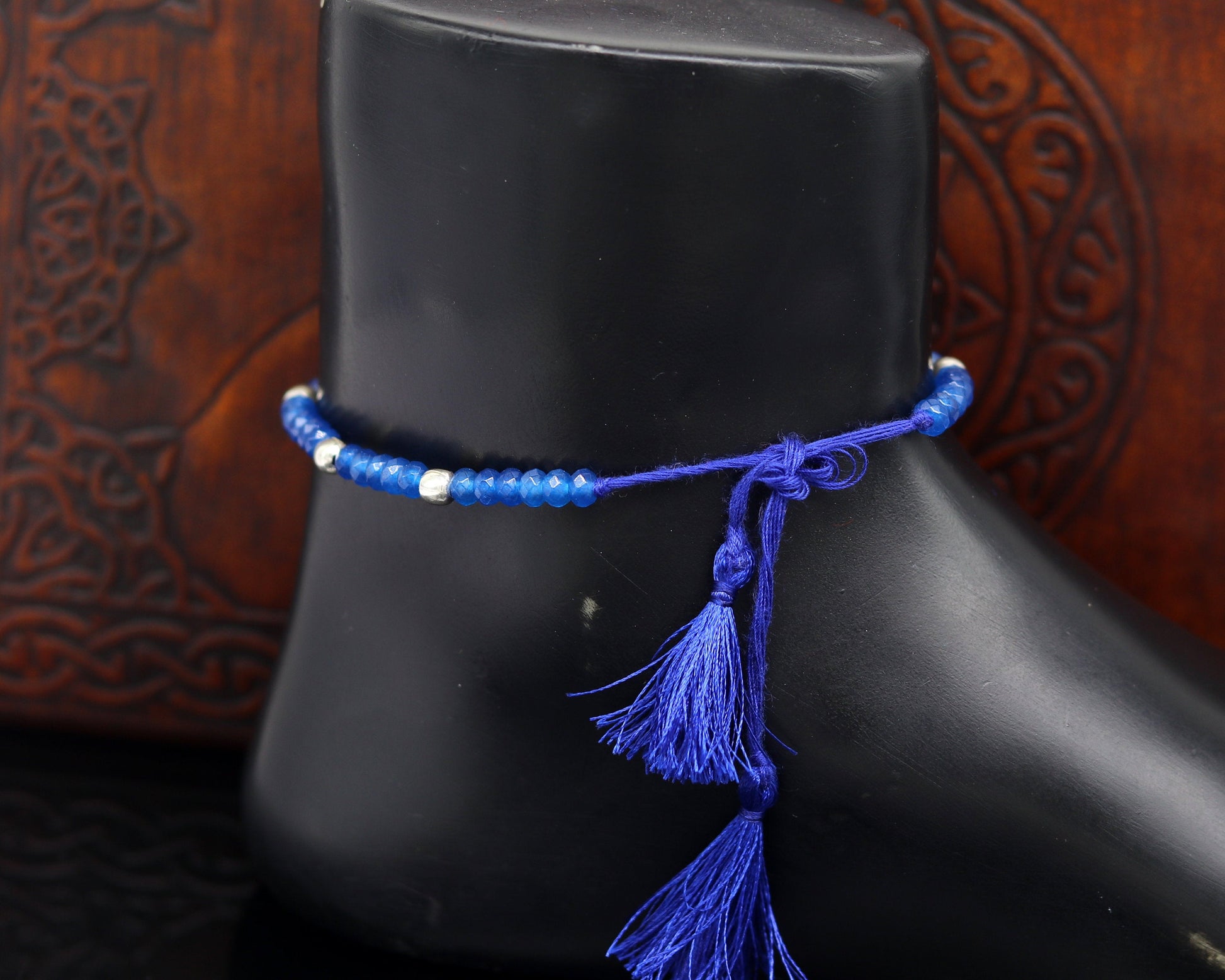 Fabulous threads anklets semi precious blue stone and 925 silver beads, custom made ankle bracelet, pretty gift modern beaded jewelry ank251 - TRIBAL ORNAMENTS