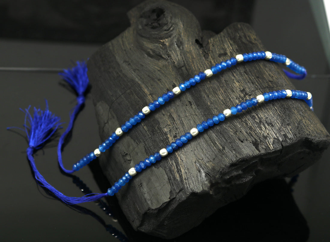Fabulous threads anklets semi precious blue stone and 925 silver beads, custom made ankle bracelet, pretty gift modern beaded jewelry ank251 - TRIBAL ORNAMENTS