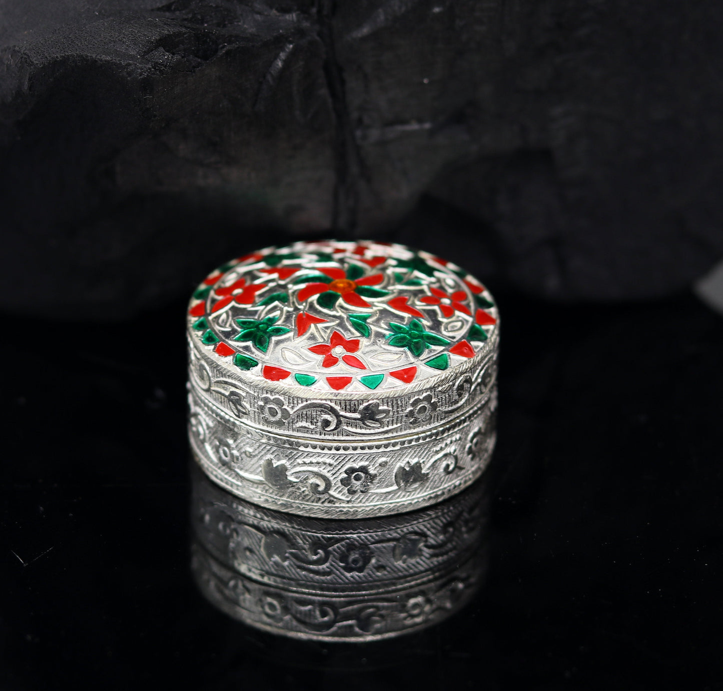 925 sterling silver trinket box, kumkum box/ casket box bridal gifts enamel jewelry box collection, container box, jewelry box art stb49 - TRIBAL ORNAMENTS