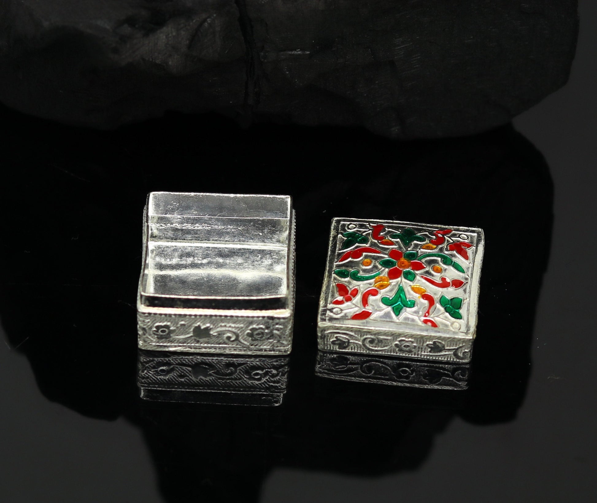 Enamel floral work square shape 925 solid silver utensils trinket box, casket box, container box, jewelry box, silver utensils, vessel stb50 - TRIBAL ORNAMENTS