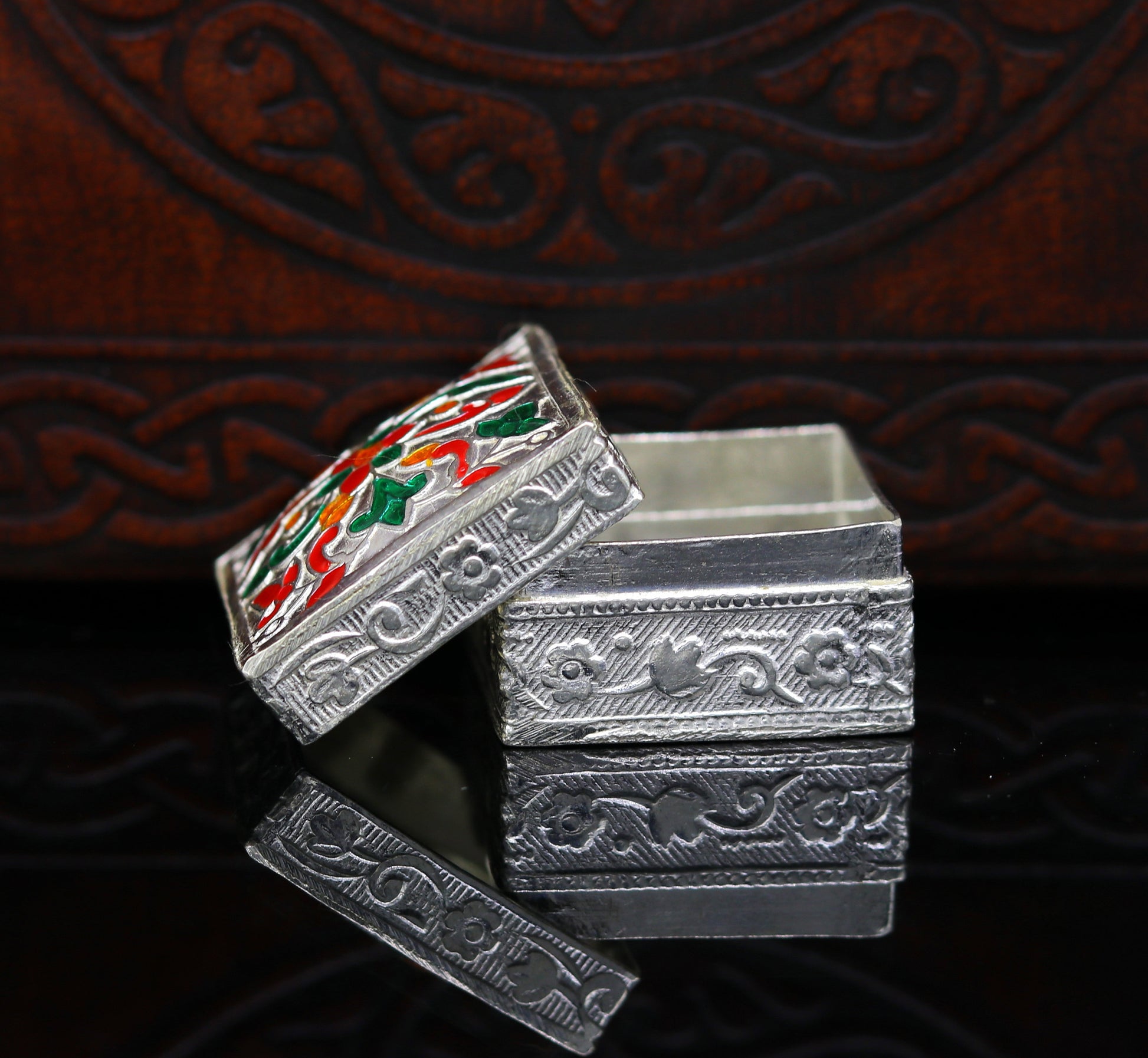 Enamel floral work square shape 925 solid silver utensils trinket box, casket box, container box, jewelry box, silver utensils, vessel stb50 - TRIBAL ORNAMENTS
