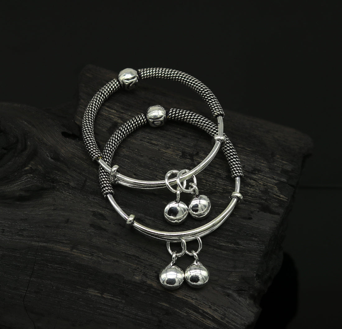 925 sterling silver handmade exclusive vintage design adjustable charm baby bangles kada, silver new born kids jewelry, pretty gifts bbk63 - TRIBAL ORNAMENTS