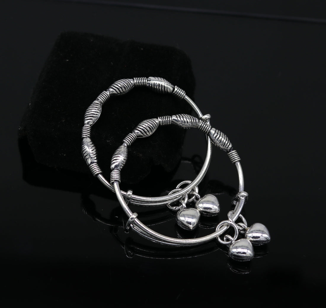 925 sterling silver handmade beaded vintage design adjustable charm baby bangles kada, silver new born kids jewelry, pretty gifts bbk64 - TRIBAL ORNAMENTS