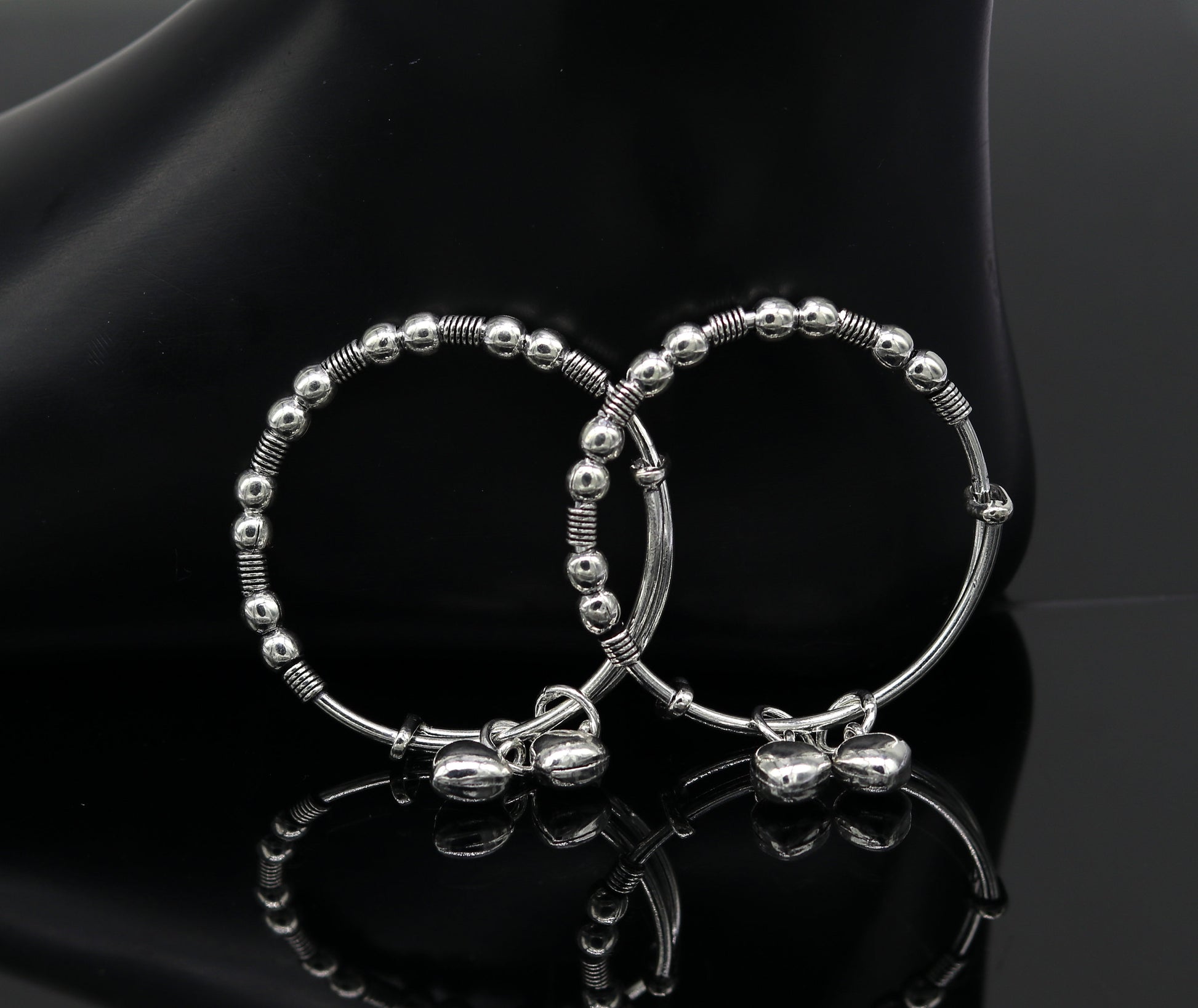 New fancy Beaded stylish 925 sterling silver adjustable charm baby bangles kada, silver new born kids jewelry, oxidized jewelry bbk68 - TRIBAL ORNAMENTS