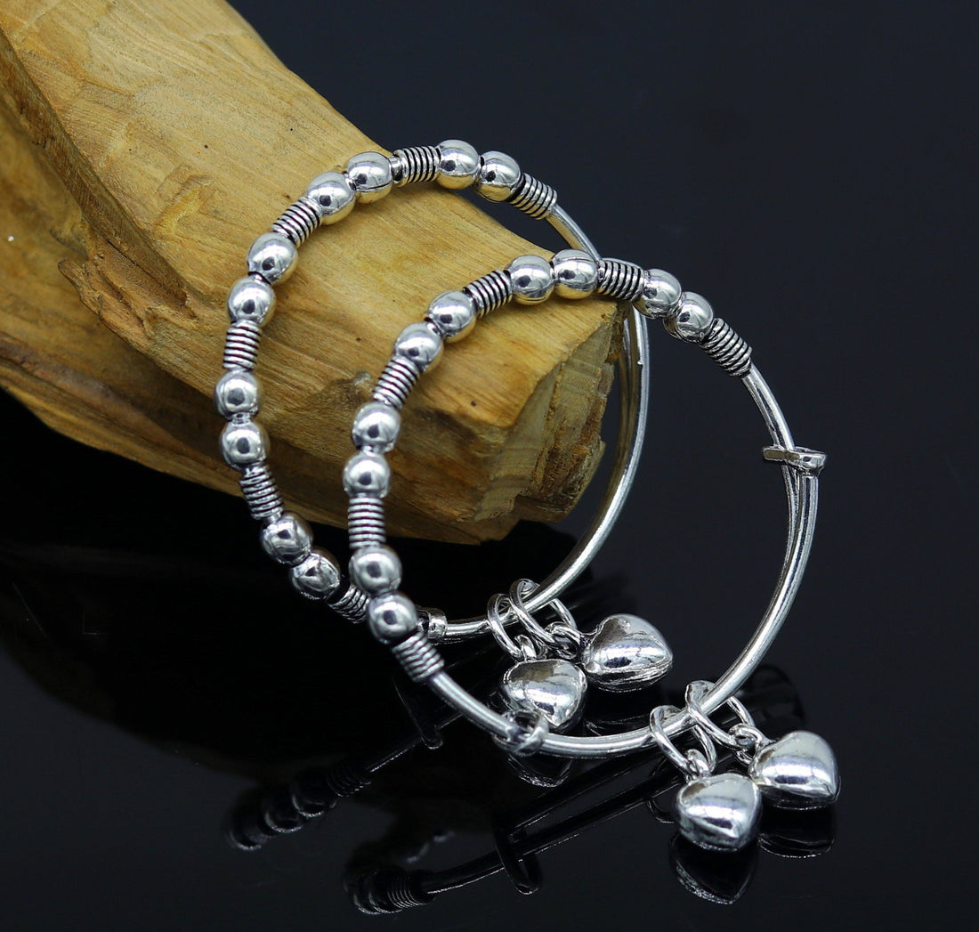 New fancy Beaded stylish 925 sterling silver adjustable charm baby bangles kada, silver new born kids jewelry, oxidized jewelry bbk68 - TRIBAL ORNAMENTS