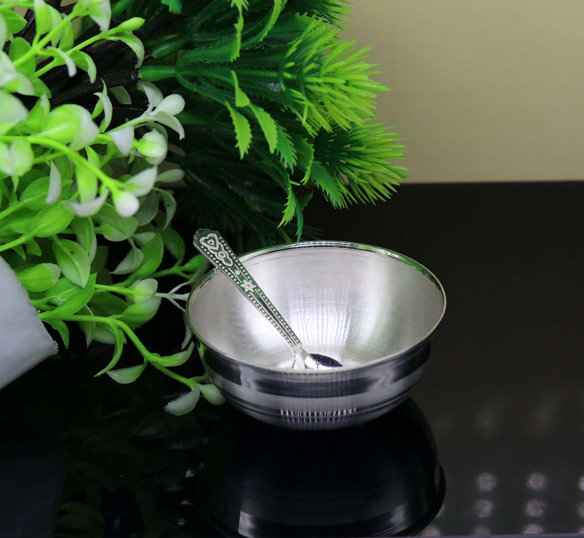 Solid Silver Exclusive Handcrafted Work Baby Bowl and Spoon 