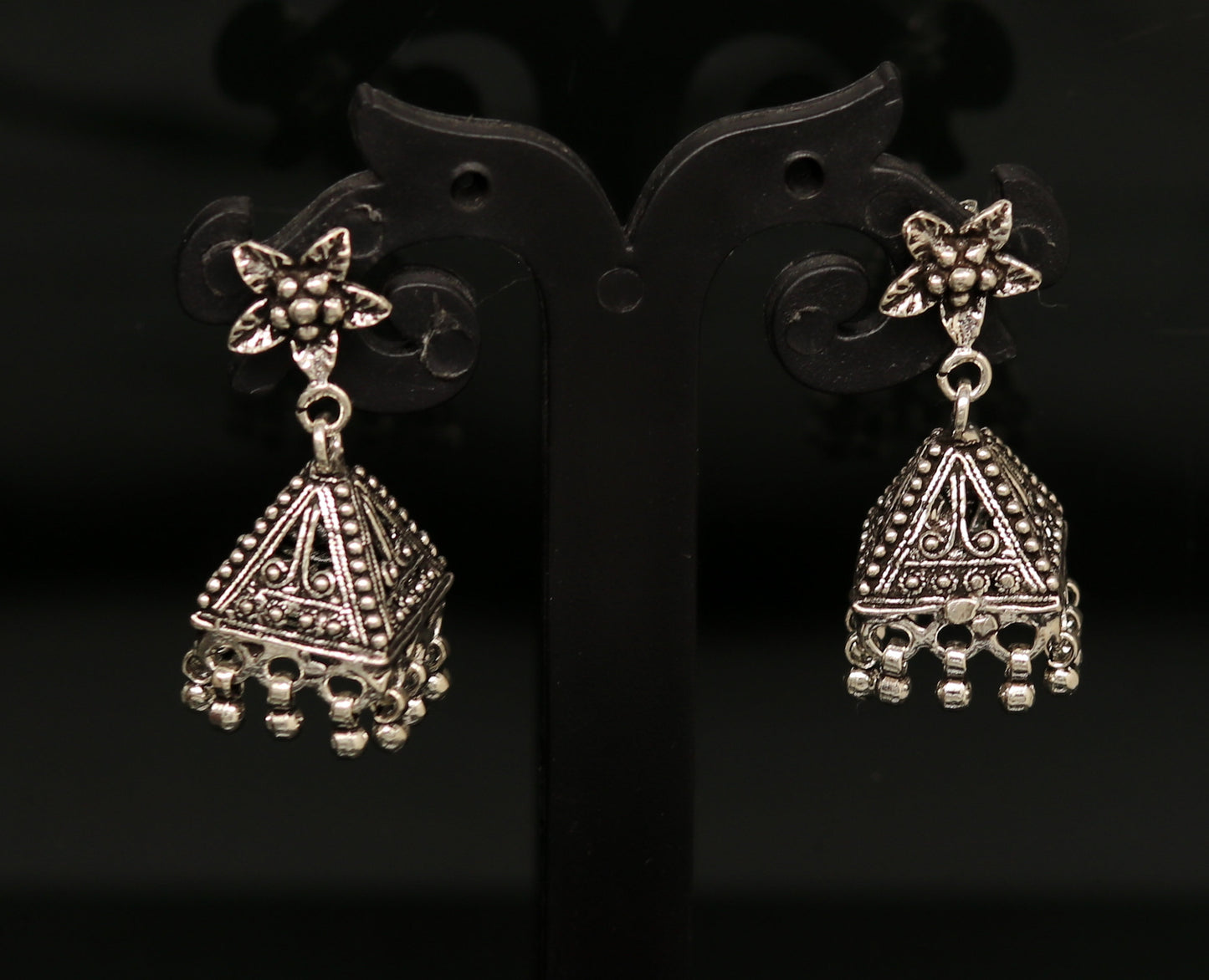 Vintage pyramid shape design handmade customized 925 sterling silver tribal belly dance  stud earring jhumki chandelier earring ear460 - TRIBAL ORNAMENTS