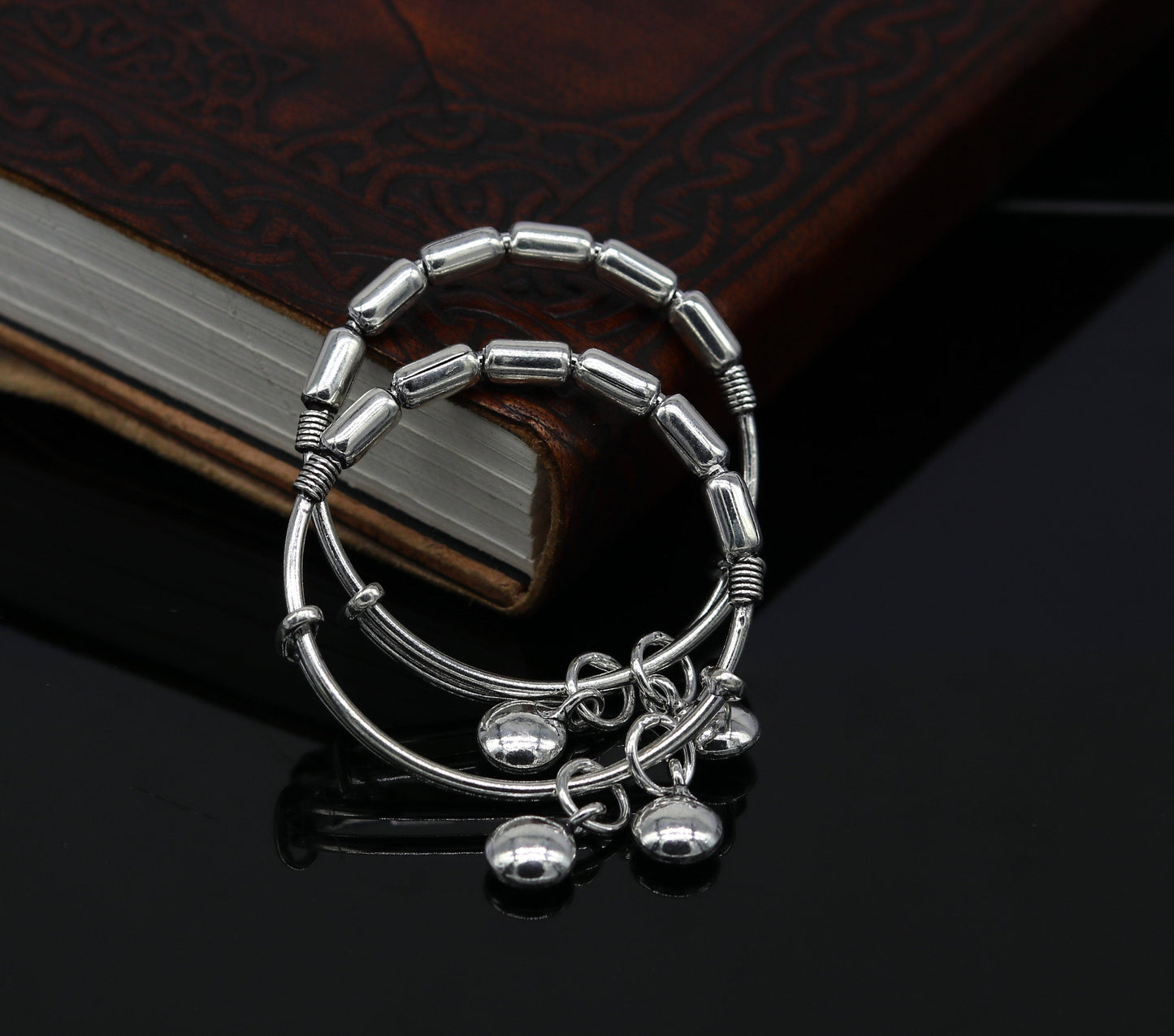 Exclusive 925 sterling silver handmade adjustable baby bangle kada bracelet, fabulous heart shape hangings charm bangles unisex kids bbk72 - TRIBAL ORNAMENTS